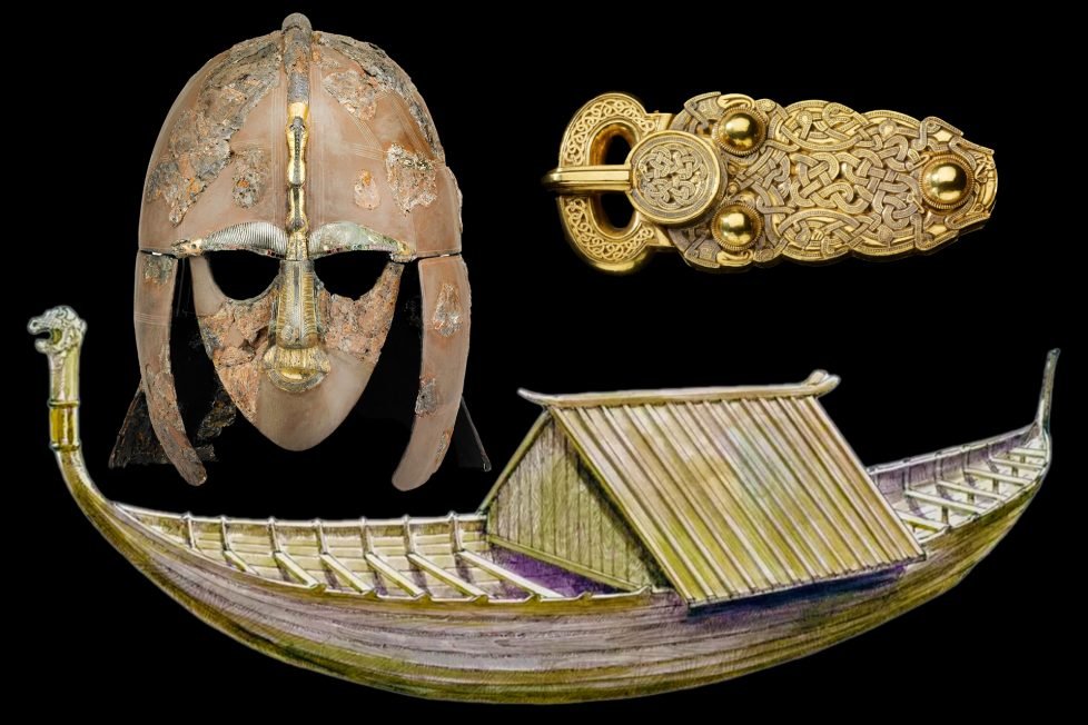 Three ancient artifacts on a black background: a helmet, a gold belt buckle with intricate designs, and a model of a purple and gold boat with a thatched roof.