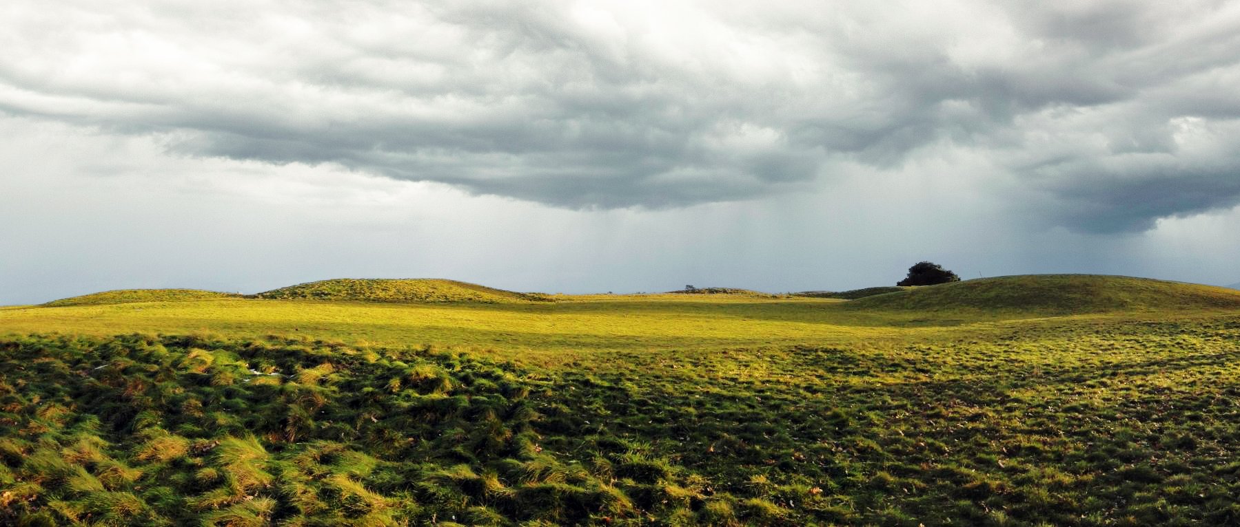A panoramic image of a grassy hill at Sutton Hoo burial site with a cloudy sky, creating a dramatic and stormy mood.