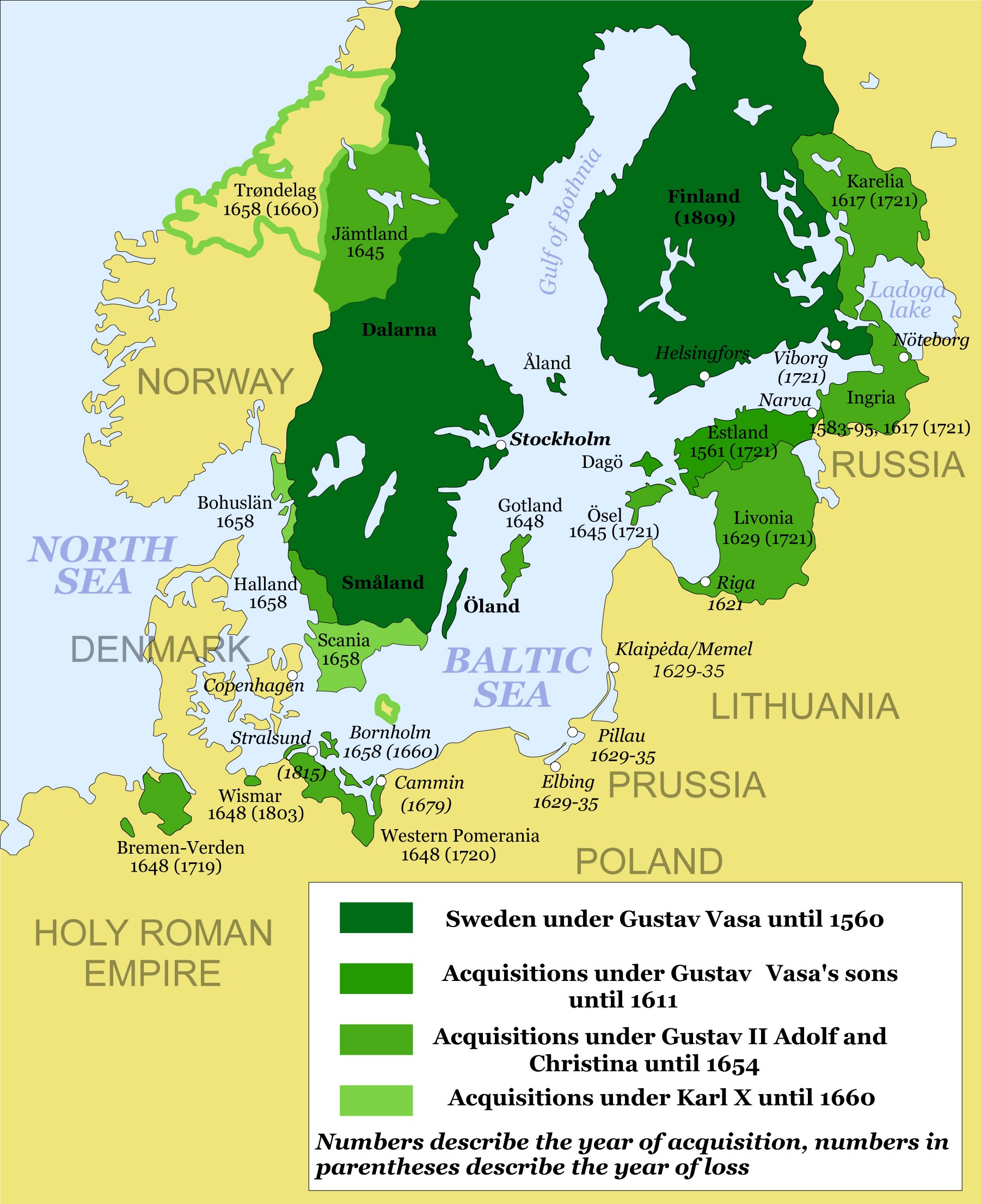 A historical map of the Baltic Sea region showing the expansion of Sweden under different rulers from 1560 to 1815. The map is color-coded to indicate the territories of Sweden and its neighbors, and has numbers to mark the year of acquisition. The map also has labels for cities, regions, and bodies of water.