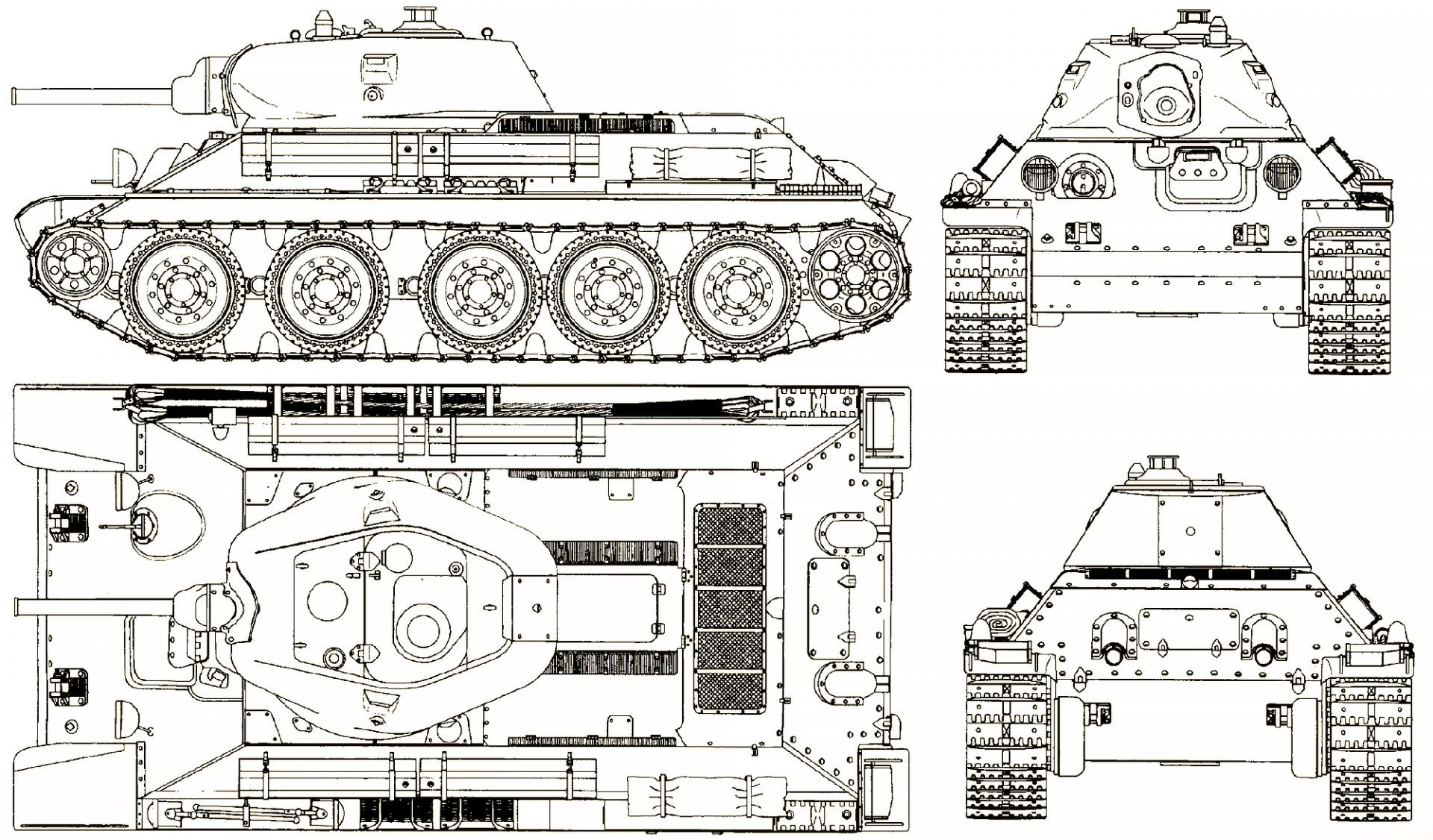 A black and white technical blueprint drawing of a T-34 tank from multiple angles showing its turret, gun barrel, tracks, body, hatches, ports, exhaust pipe, antenna, and machine gun.
