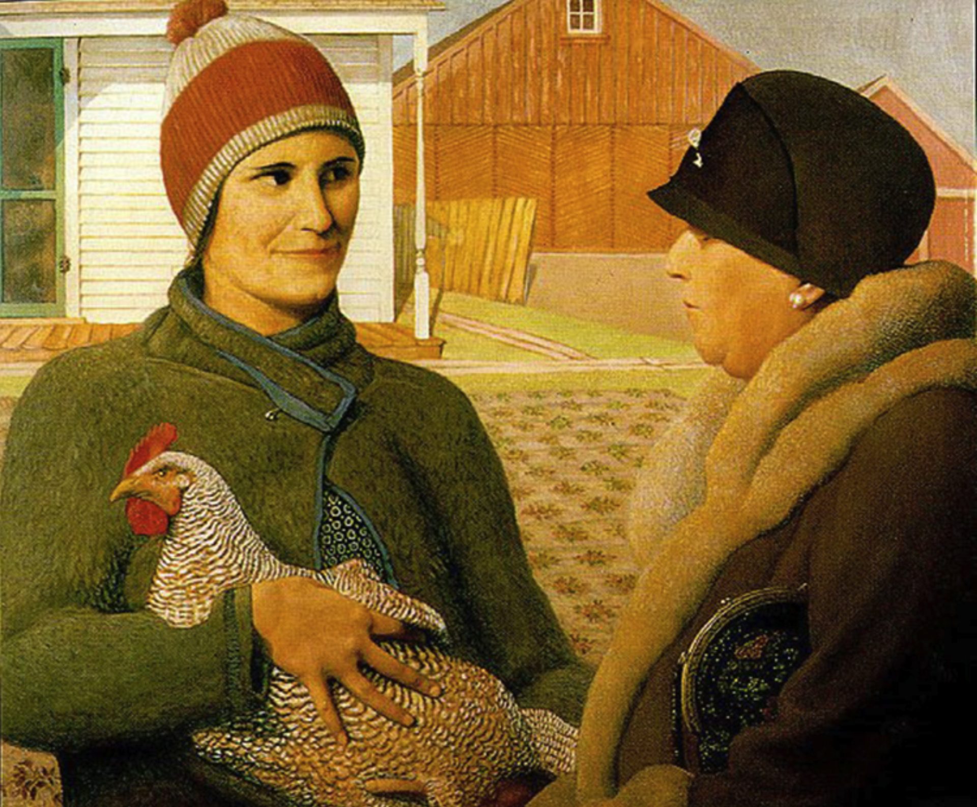The painting depicts a face-off between a city woman in a fur-lined coat and fashionable hat, and a farm woman dressed in work clothes, each evaluating the other. The city woman looks at the hen held by the farm woman, possibly her future meal, while the farm woman appraises her city counterpart with a confident gaze. The scene hints at a silent negotiation amidst the hardships of the Depression era, underlining the farm woman's self-reliance and resilience. The emergence of young plants in the background indicates that it's spring.