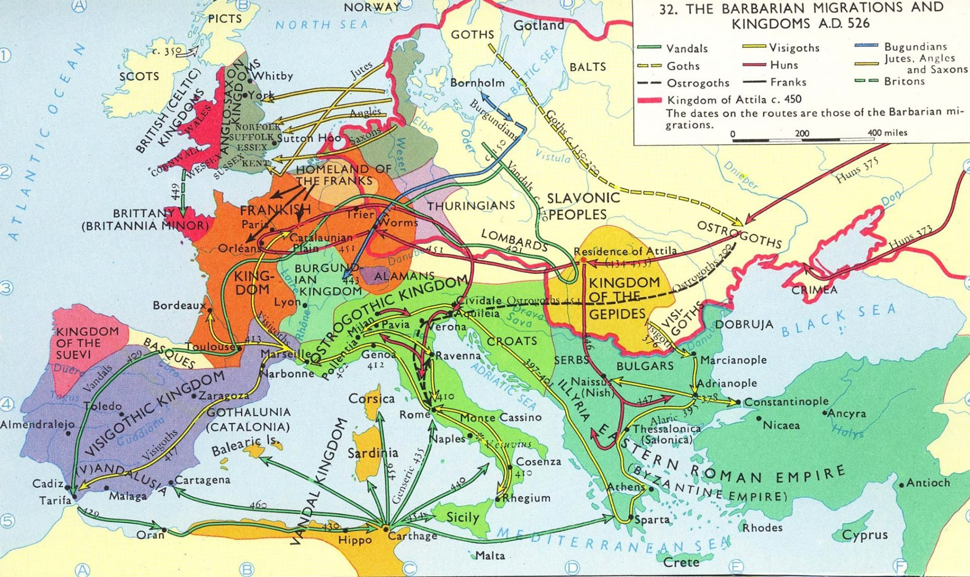 A map of Europe and the Mediterranean Sea showing the migration of barbarian tribes in the 4th and 5th centuries. The map is color-coded to show the different tribes and their routes. The map is titled “The Barbarian Migrations and Kingdoms AD 526”. The map shows the routes of the Goths, Franks, Burgundians, Vandals, Visigoths, Ostrogoths, and Huns. The map also shows the locations of the Eastern Roman Empire. The map is labeled with the names of cities, regions, and bodies of water.