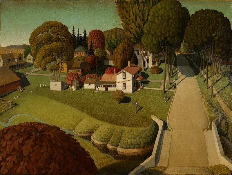A detailed landscape painting of the humble birthplace of Herbert Hoover, the 31st President of the United States. In the foreground, a small, simple, white wooden cottage with a red roof is centered, representing Hoover's early home. It is surrounded by well-tended green lawns and a garden with several trees. The sky above is clear and serene, which adds to the sense of calm and tranquility. The painting encapsulates a distinct, idyllic view of rural life and mid-western American culture in the early 20th century.