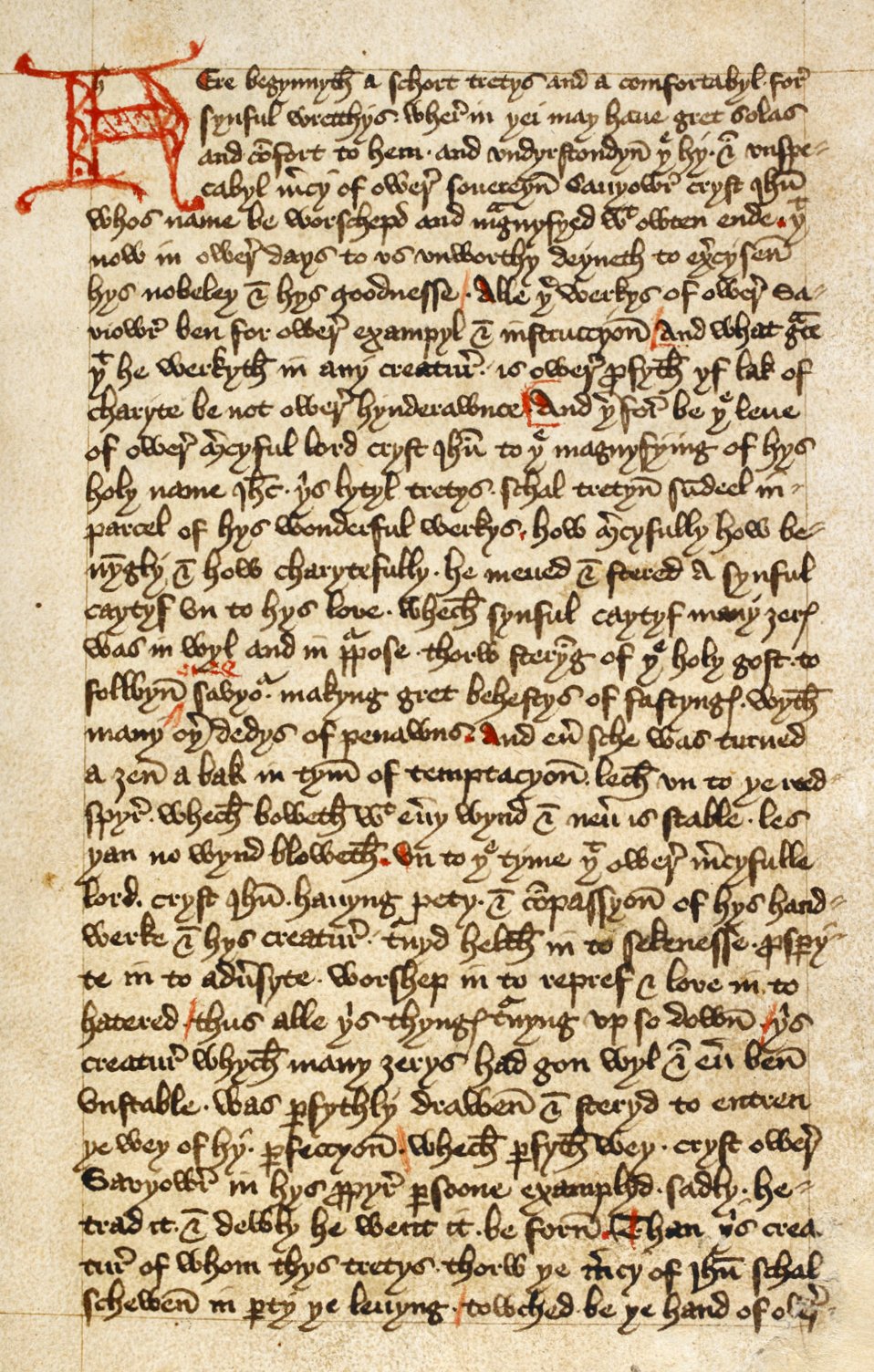 An image of a page from The Book of Margery Kempe, medieval manuscript with a red initial and a Gothic script. The page is written in black ink on a beige parchment.