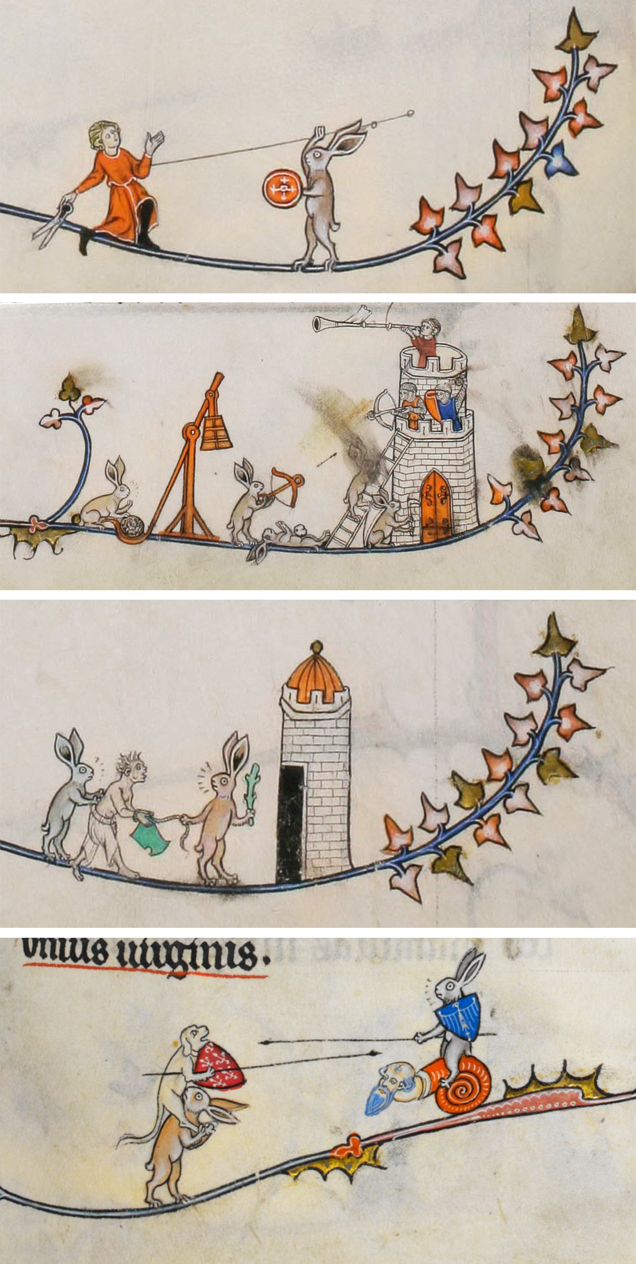 Collage of four images: 1. Spear-wielding rabbit confronting a man with shears. 2. Armored rabbits using a siege engine to assault a tower defended by knights. 3. Two rabbits apprehend a man, leading him to a cell. 4. A rabbit riding a man-snail confronts a hound atop a perplexed rabbit.