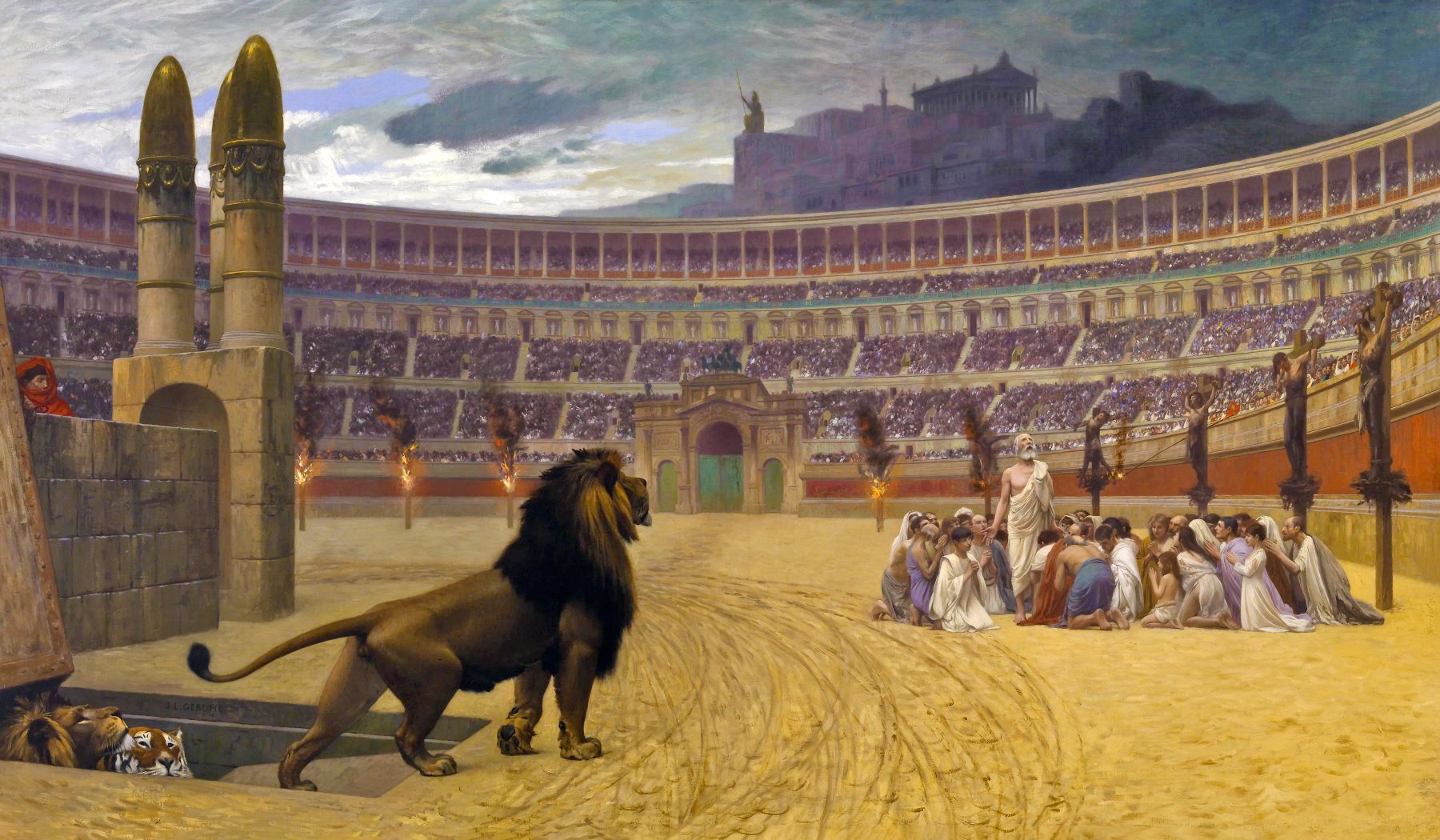 The painting depicts a group of early Christians kneeling in prayer inside what the artist identifies as ancient Rome's Circus Maximus, although elements like the seating more closely resemble the Colosseum. A crowd of Roman spectators watches from the stands. In the background, a hill surmounted by a colossal statue and a temple is visible, resembling the Athenian Acropolis more than Rome's Palatine Hill. The Christians display a sense of calm and religious fortitude as they face impending martyrdom, either through being devoured by wild beasts or set ablaze. Despite its historical inaccuracies, the painting is admired for its dramatic impact and emotional intensity.