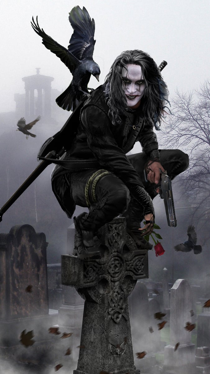 An illustration from the film "The Crow", featuring a man in black clothing with a gun and a crow on top of a grave.