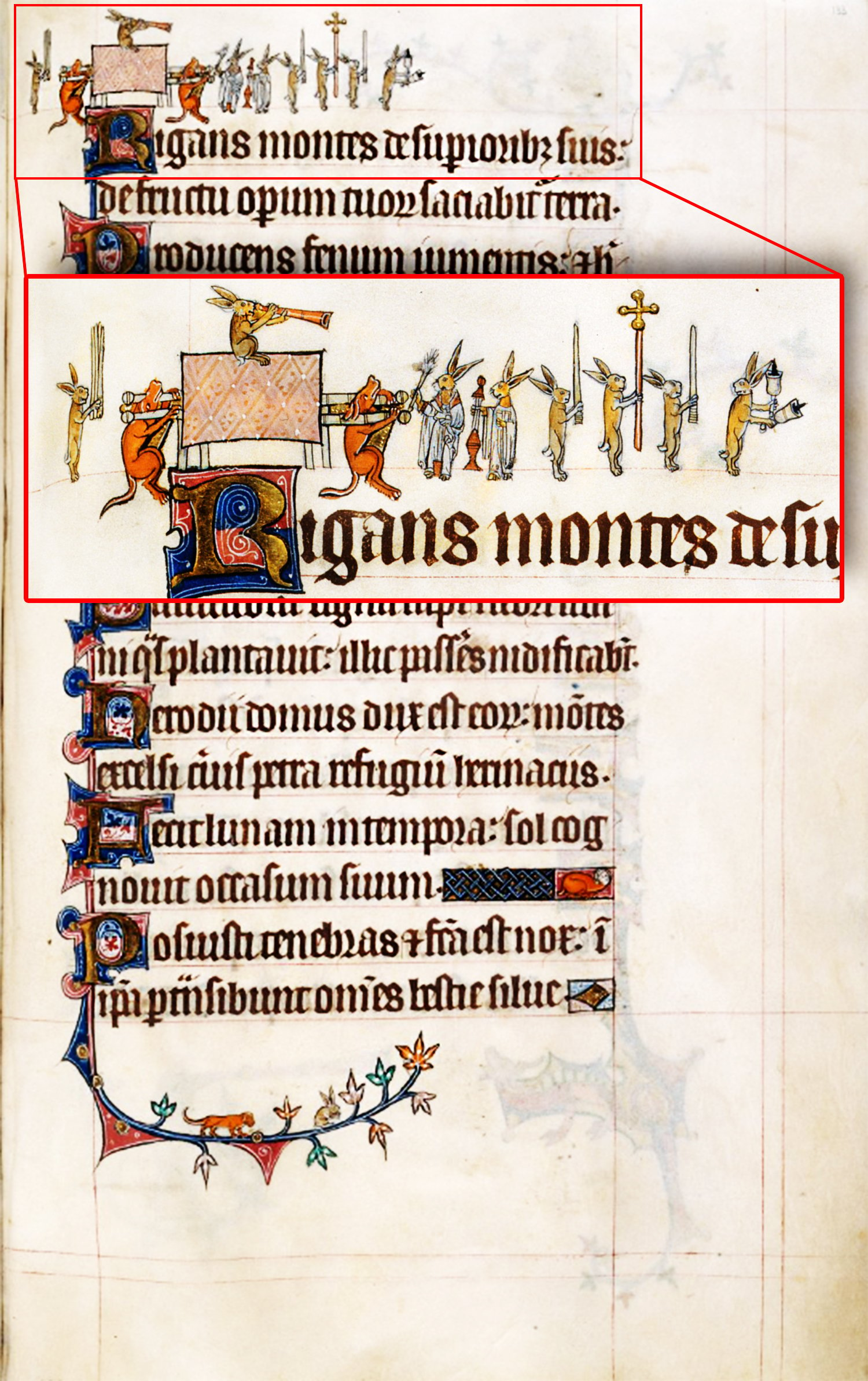 A medieval manuscript page with large blue and gold initials at the beginning of each sentence. The page has a marginal illustration of a procession of rabbits with weapons and a cross. The text is written in Latin in a Gothic script. The page is slightly damaged and stained.