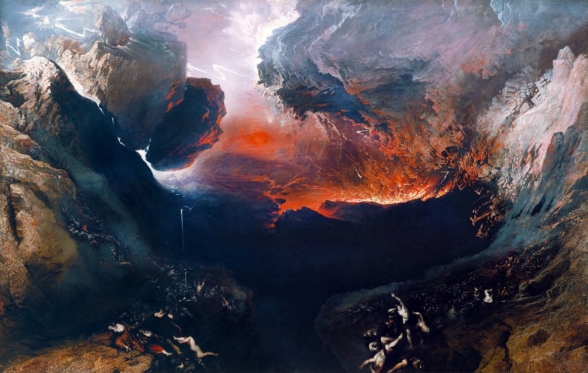 A painting of a dramatic landscape with a fiery red sky and dark, rocky cliffs. The sky is a deep red with a bright orange glow in the center. The cliffs are dark and jagged. The bottom of the painting is a dark abyss with figures falling into it.