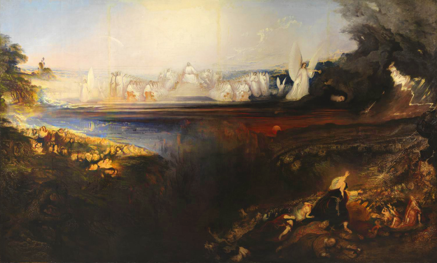 An image of an oil painting by the artist John Martin titled “The Great Day of His Wrath”. The painting is a landscape with a dramatic sky and a dark foreground. The sky is filled with white and gray clouds, and the sun is shining through the clouds. The foreground is a dark landscape with a river running through it. The painting is a representation of the biblical end of the world, with the sky filled with angels and the earth being destroyed. The painting is in the romanticism style and was created in 1851-1853. The painting is currently located in the Tate Gallery in London, UK.