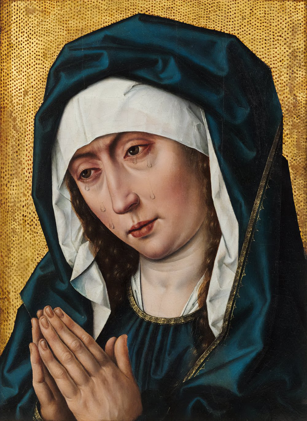 A painting of a woman with tears on her face. She is wearing a blue and white headscarf with a gold trim. The background is a gold color with brown dots. Her hands are clasped in prayer.