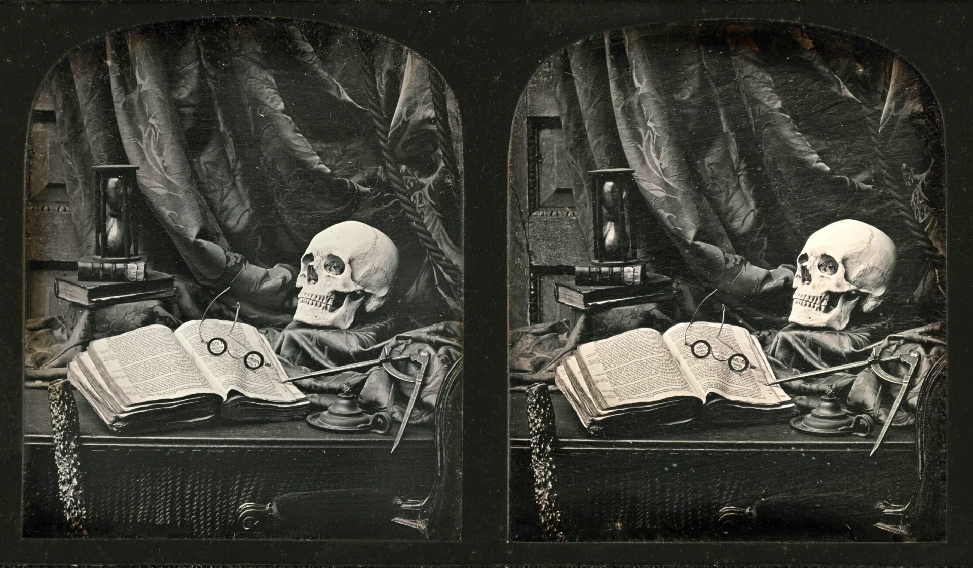 Stereograph photo by Thomas Richard Williams displaying a memento mori setup: a skull, nearly emptied hourglass, open compass, and an open book with overturned eyeglasses. The composition symbolizes life's fleeting nature and the certainty of death, while also alluding to intellectual endeavors and the soul's ultimate supremacy over the intellect.