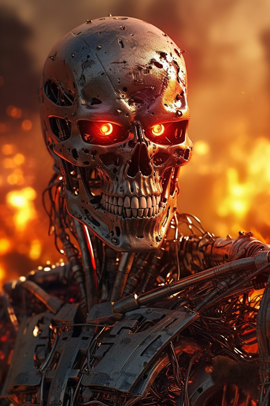An illustration of a metal robot skeleton with red menacing eyes, a fire is burning in the background.