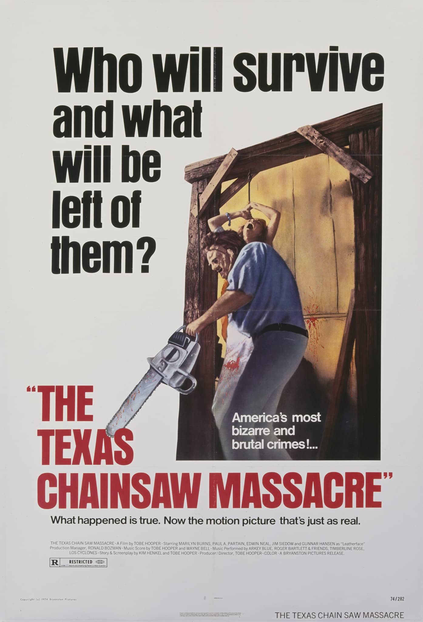 A film poster featuring a man in a mask holding a chainsaw, about to attack a tied up woman.