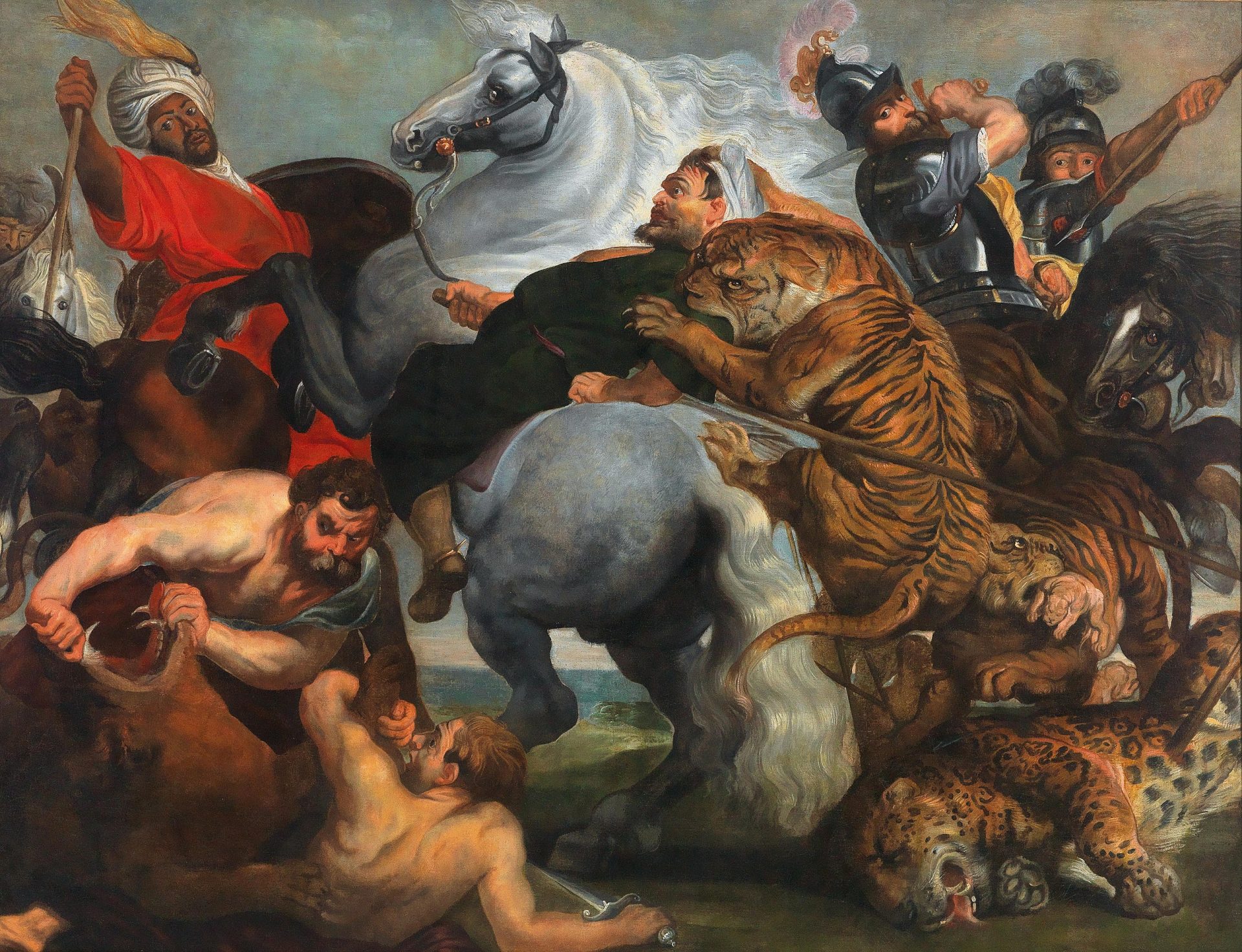A painting in the baroque style featuring several men fighting a lion, tiger and leopard, with swords , spears and their bare hands.