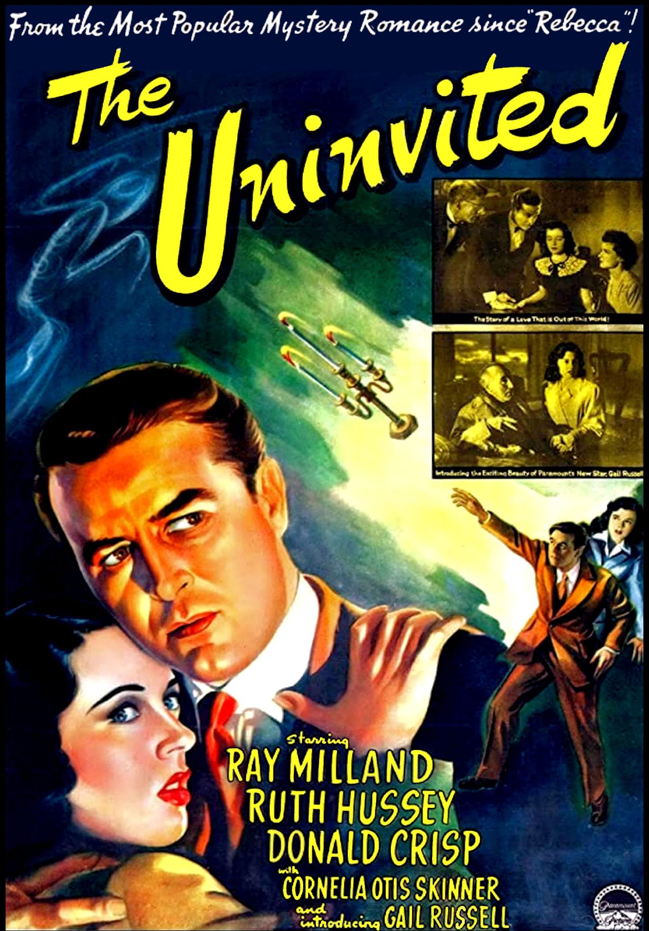 An illustrated image featuring a concerned image of a man and woman in the foreground. The background features the same man in front of the woman throwing a candelabra at a foggy apparition. The title of the film appears above with cast and production information below.