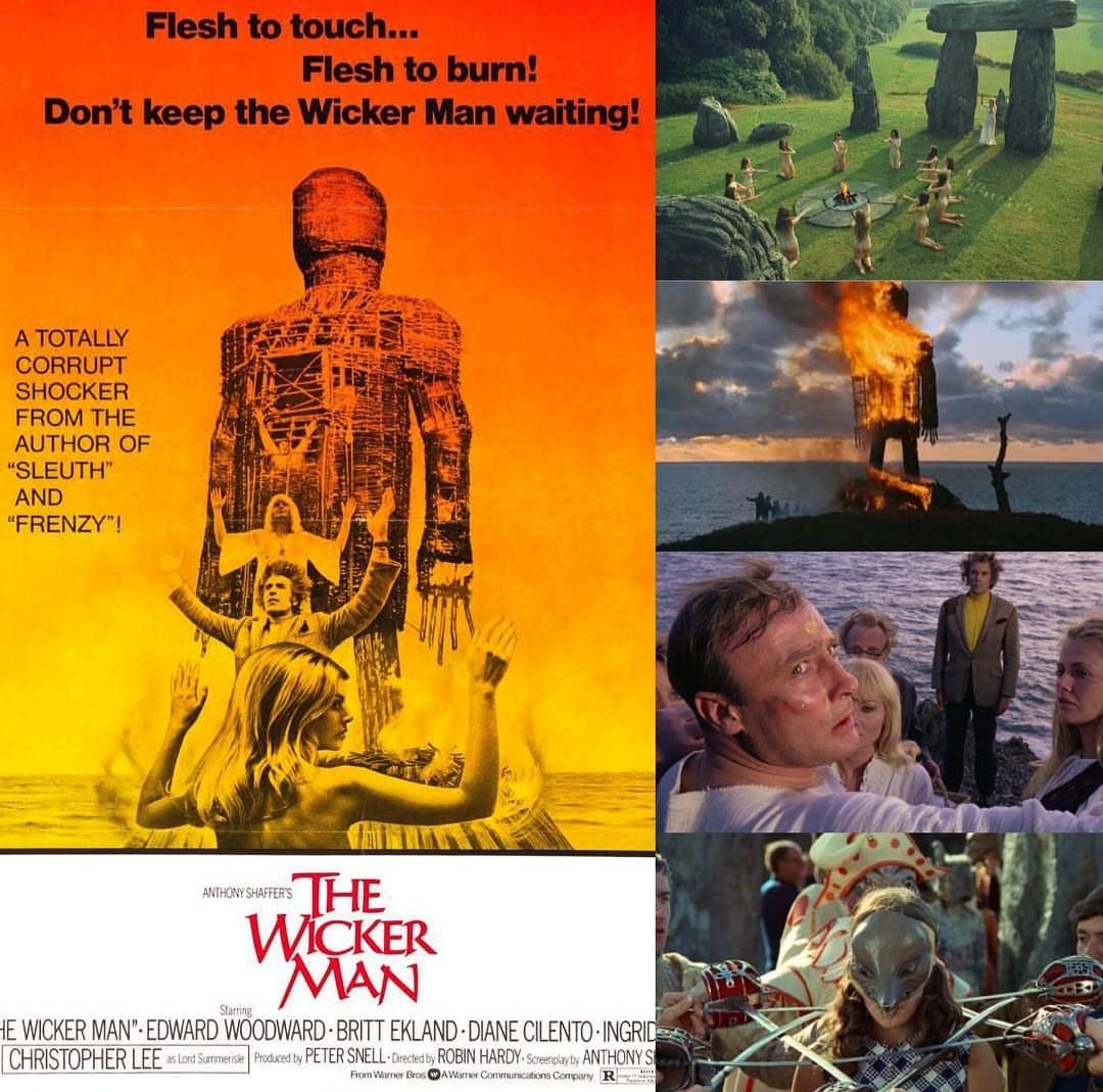 A movie poster and four stills from the movie The Wicker Man.