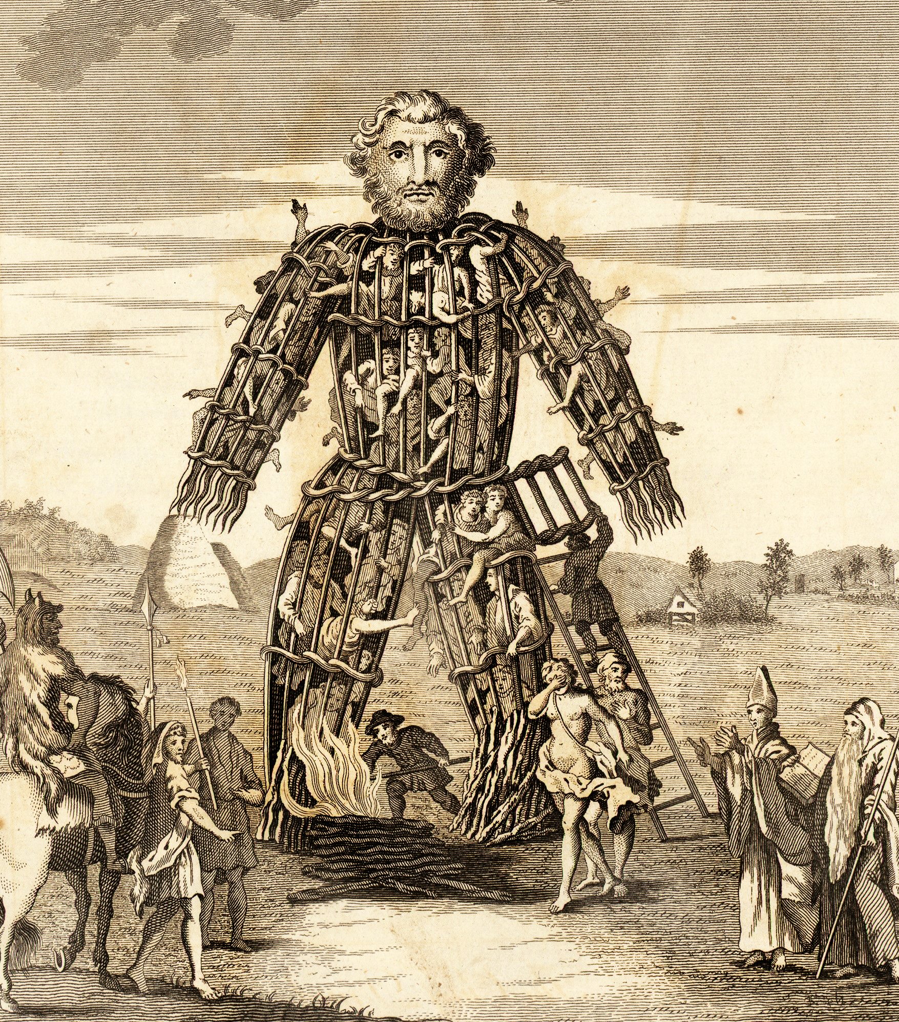 An illustration from 'Duncan Caesar' showing a wicker man, a towering effigy made of woven branches, representing the druidic execution method for human sacrifice as detailed by Caesar.