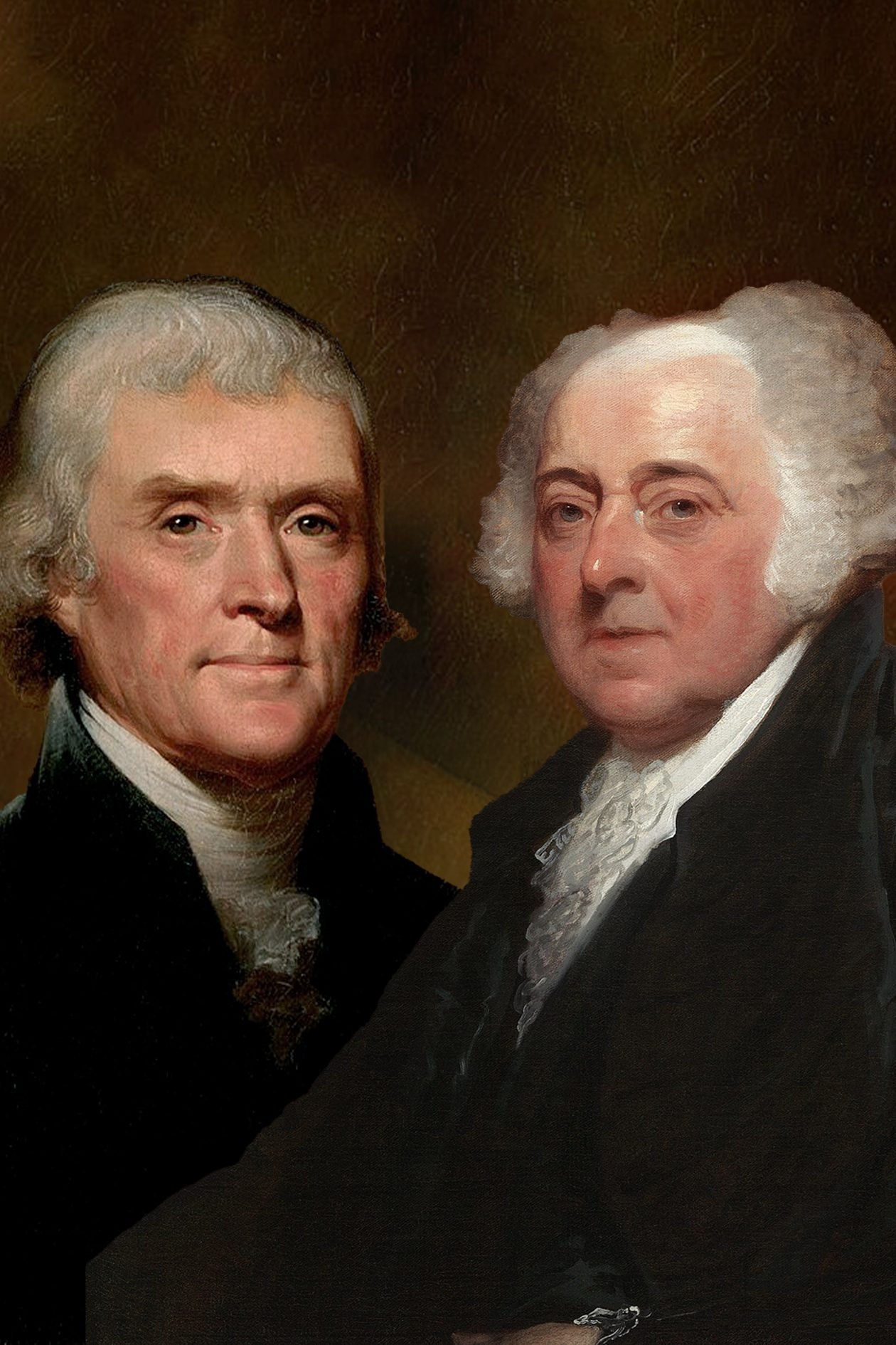 A collage of portraits, featuring Thomas Jefferson and John Adams, standing next to each other. They are wearing black coats and white neckties made of lace.