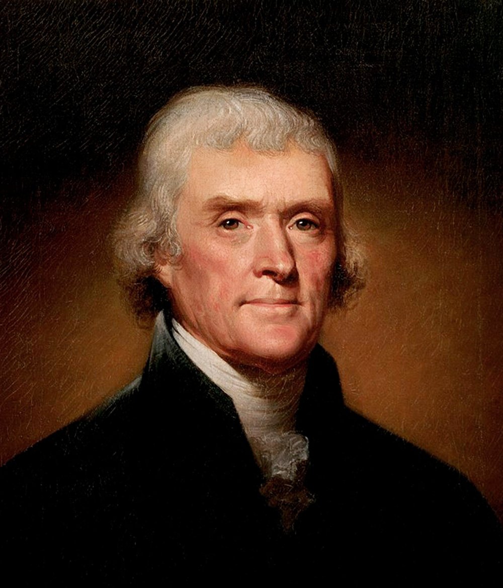 Portrait of Thomas Jefferson in a black coat and a white cravat.