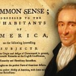 A historical document titled "Common Sense" by Thomas Paine, with a portrait of Thomas Paine on the right side. The document argues for the independence of the American colonies from Britain and criticizes the monarchy and hereditary succession.