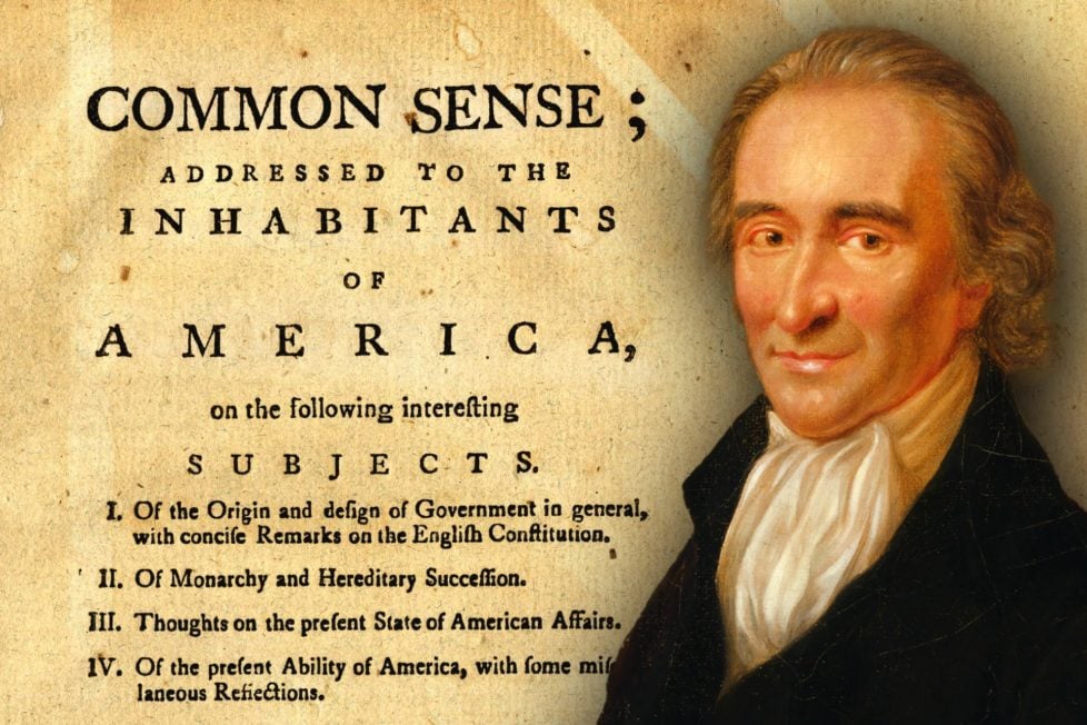 A historical document titled "Common Sense" by Thomas Paine, with a portrait of Thomas Paine on the right side. The document argues for the independence of the American colonies from Britain and criticizes the monarchy and hereditary succession.