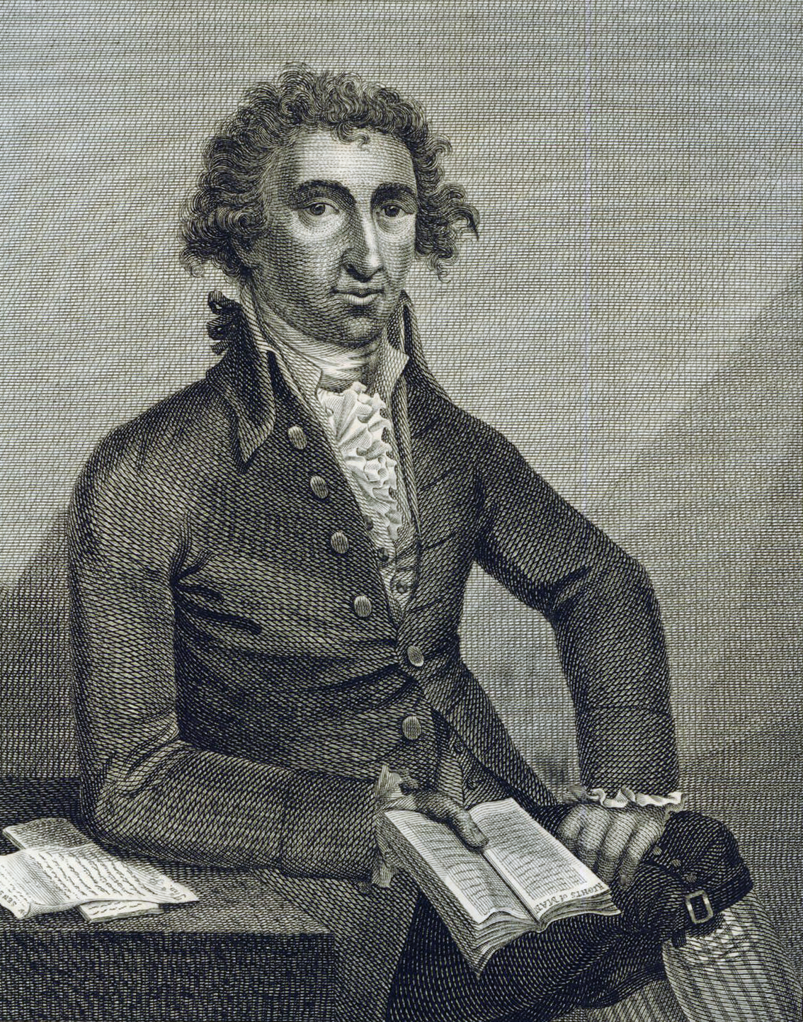 1792 etching and engraving of Thomas Paine. He is depicted three-quarter length, seated beside a table, looking towards the viewer. His legs are crossed, left hand rests on his thigh, and he holds a book in his right hand with his elbow on the table. Based on a work by Collings.