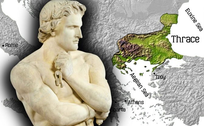 A composite image featuring a detailed statue of Spartacus on the left side, depicted with a thoughtful expression and holding chains, juxtaposed against a grayscale map of ancient Europe on the right. The map prominently highlights the region of Thrace, situated between the Aegean Sea and the Black (Euxine) Sea. Important cities and landmarks such as Rome, Athens, Sparta, Troy, and Chersonese are labeled. The region of Thrace is colored in a contrasting green shade for emphasis.