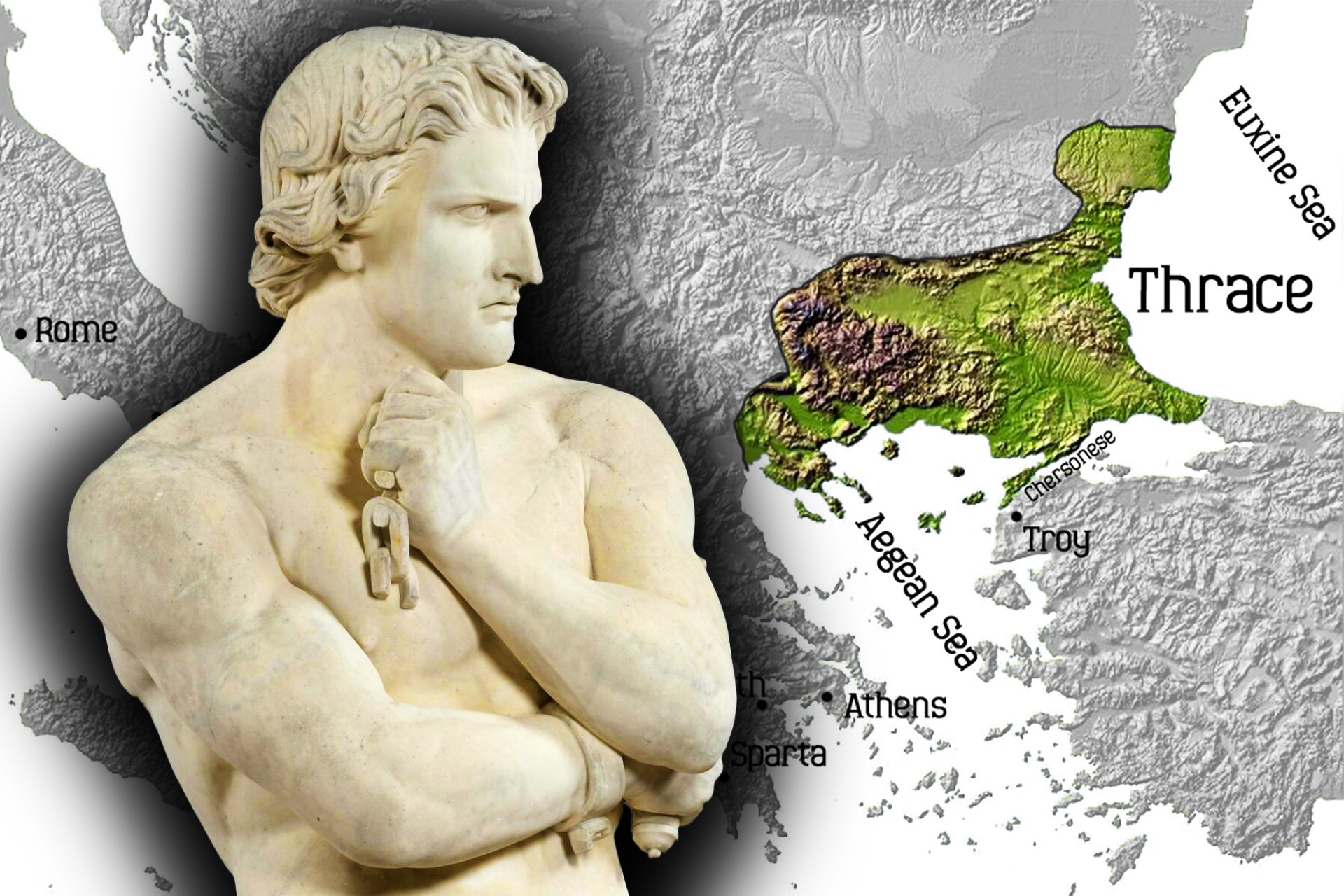 A composite image featuring a detailed statue of Spartacus on the left side, depicted with a thoughtful expression and holding chains, juxtaposed against a grayscale map of ancient Europe on the right. The map prominently highlights the region of Thrace, situated between the Aegean Sea and the Black (Euxine) Sea. Important cities and landmarks such as Rome, Athens, Sparta, Troy, and Chersonese are labeled. The region of Thrace is colored in a contrasting green shade for emphasis.