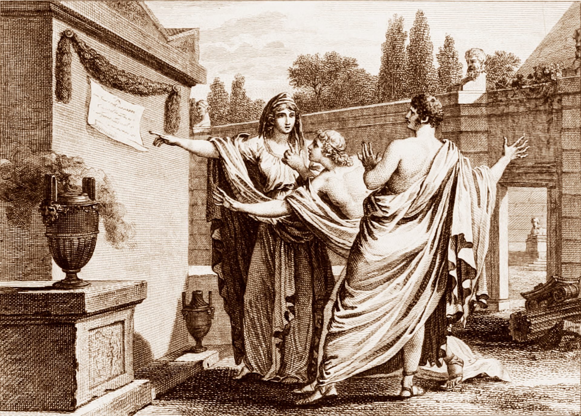A sepia-toned image of a group of three people in classical Roman clothing standing in front of a large stone structure with an inscription urging them to vote for Tiberius Gracchus. The person on the left is pointing to the inscription.
