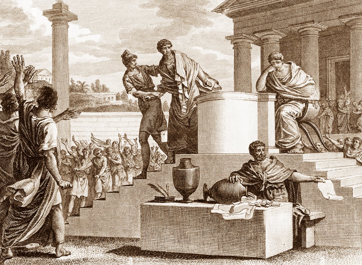 An illustration of a scene from ancient Rome, showing Tiberius Gracchus removing Octavius from the Tribune. A man is sitting at a table with a vase and a scroll in the bottom right corner.