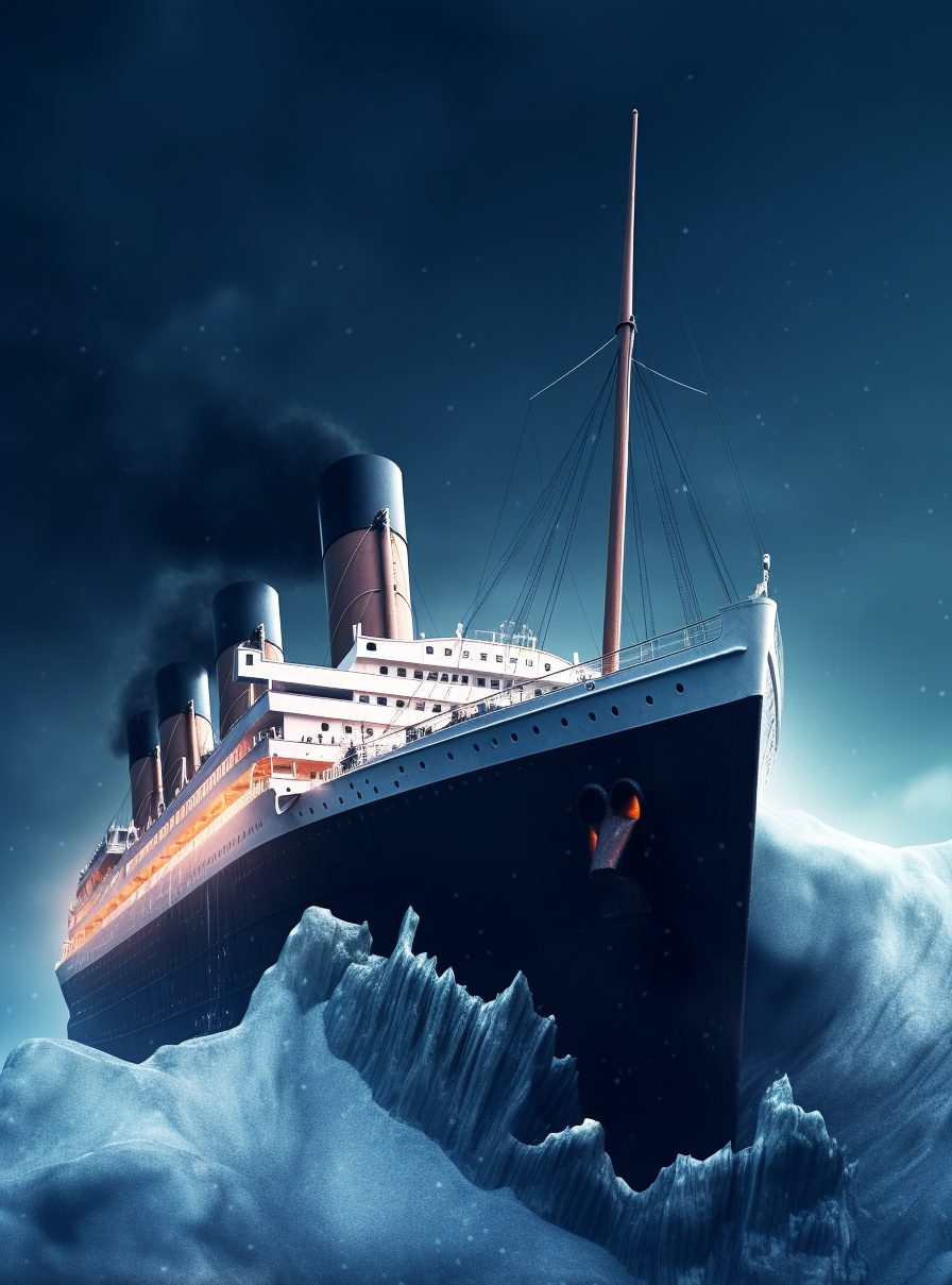 An illustration of a large early 20th century passenger vessel, the Titanic, running into an iceberg at night.