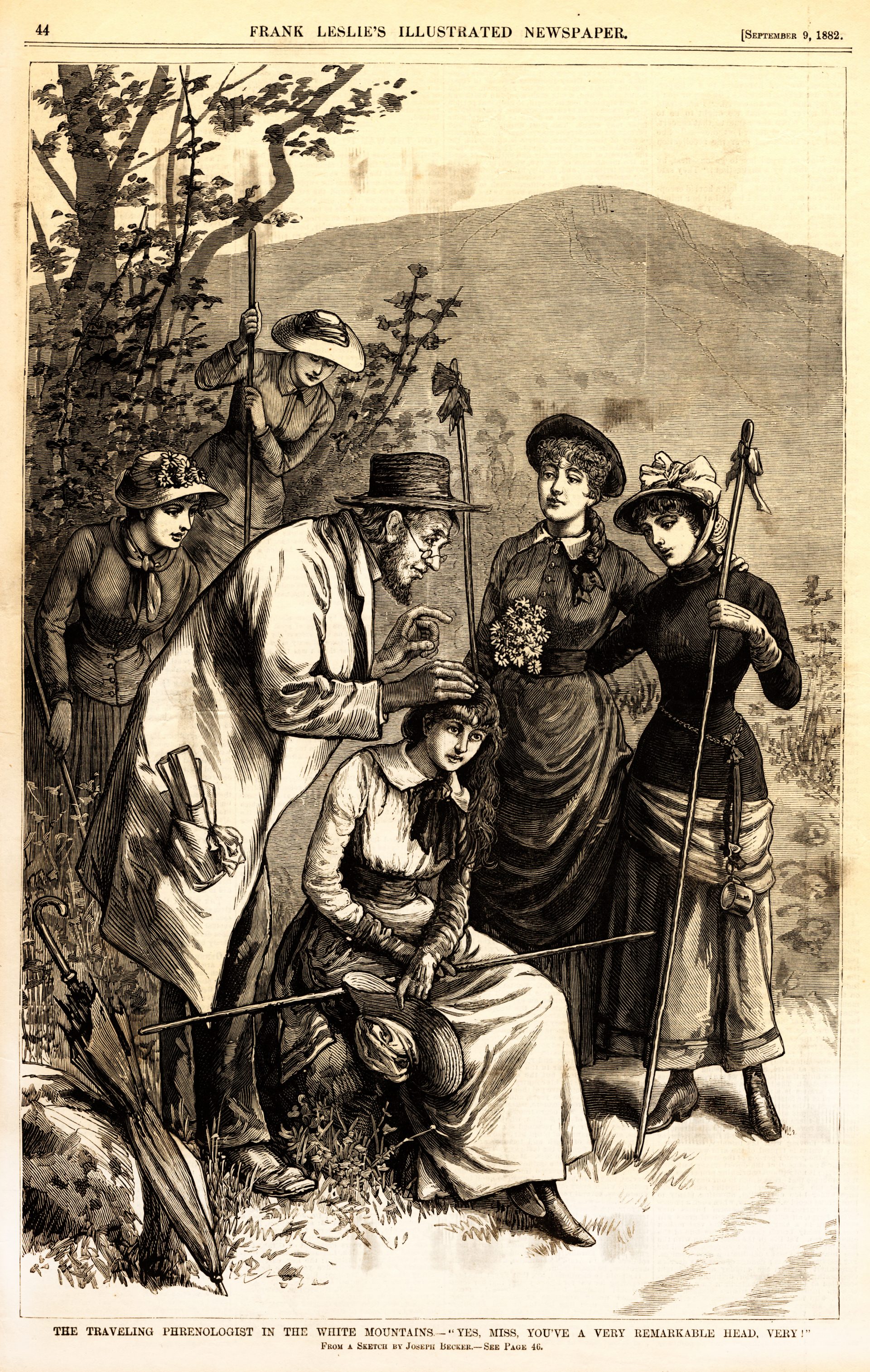 A man in a hat examines a seated woman's head as four other women observe.