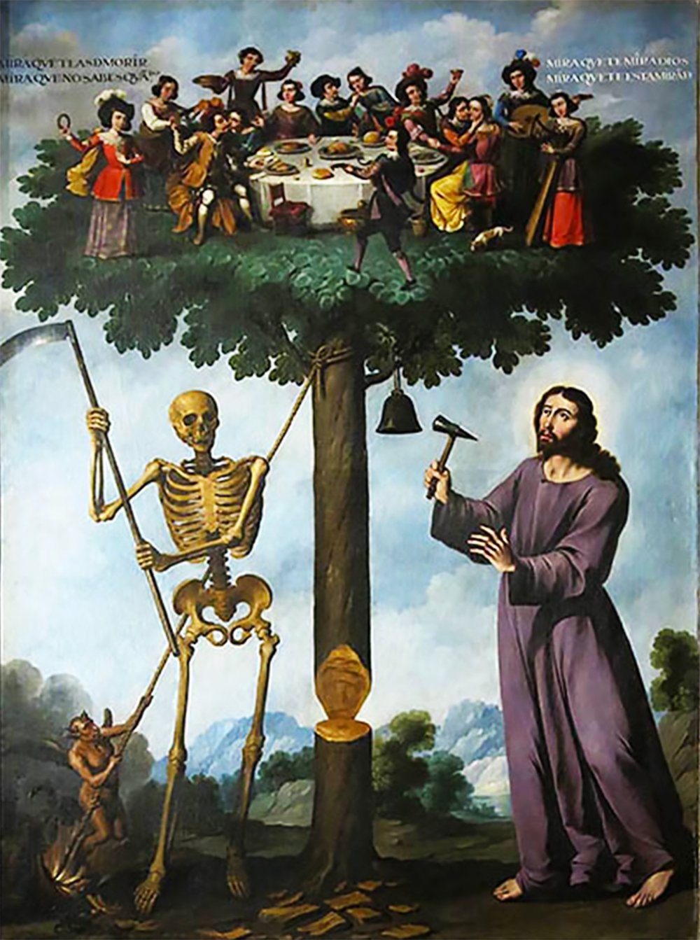 The artwork depicts The Tree of Life with Jesus Christ on the right and a skeleton symbolizing death on the left.
