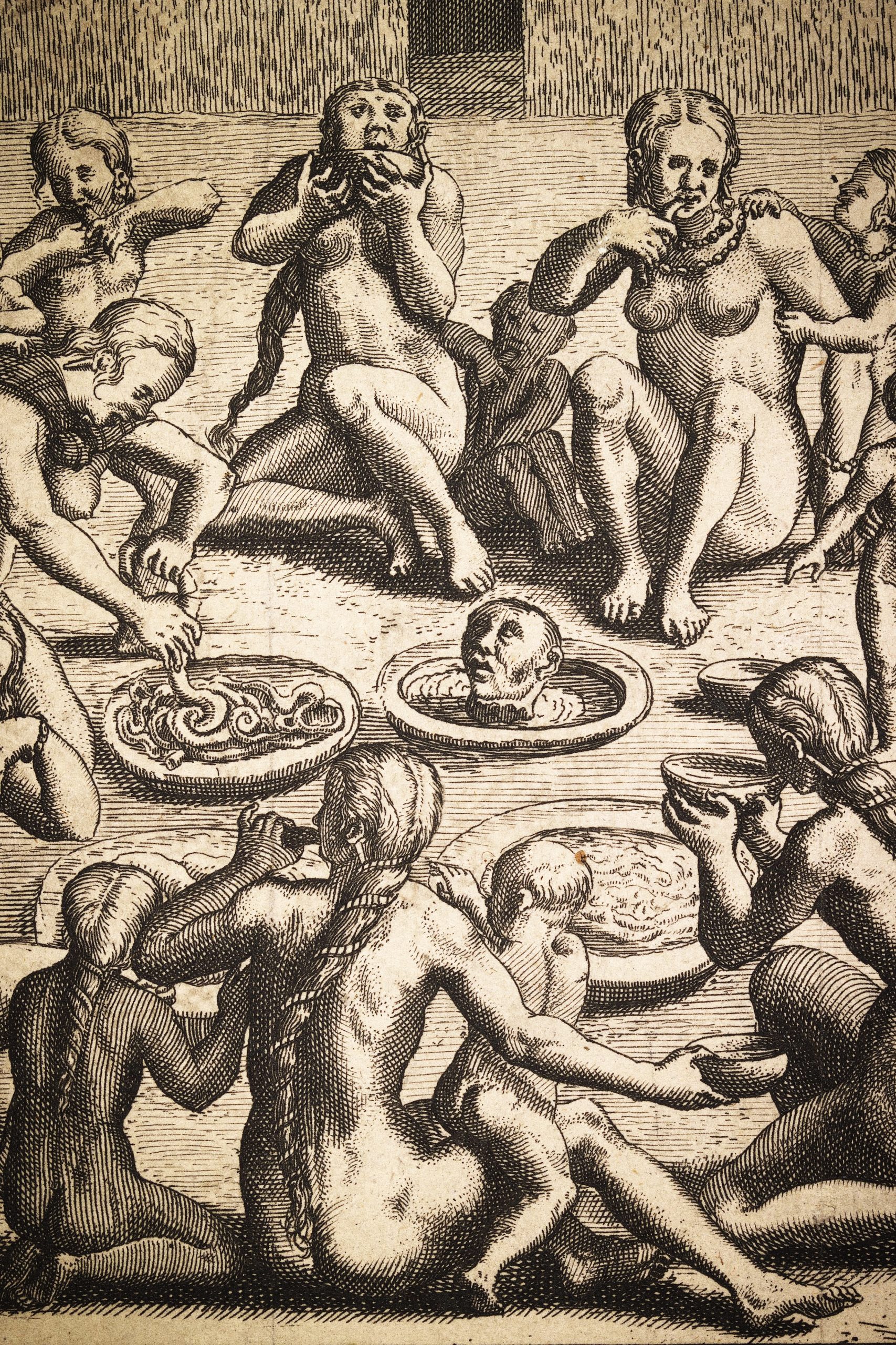 An sketch of a group of people sitting in a circle and consuming various human body parts.