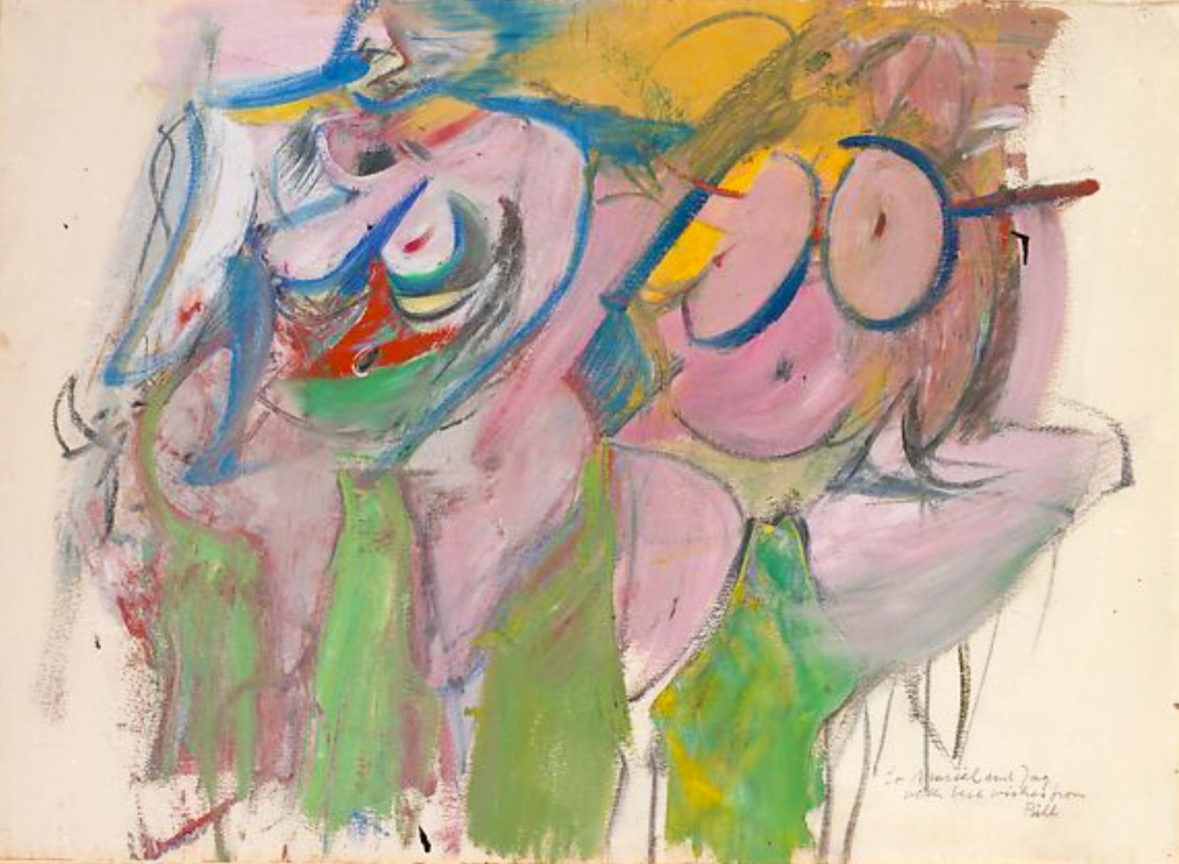 An abstract painting by Willem de Kooning with pastel colors, lines, curves, and human-like female shapes.