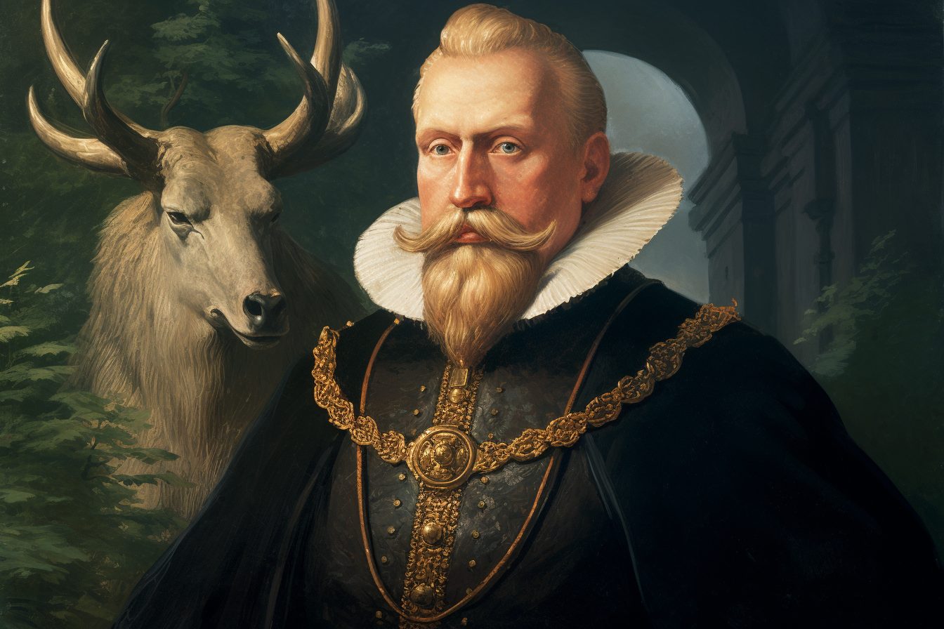 This image shows a man with a beard and an elk behind him. He is wearing a black coat and a gold chain. He has a beard, a long straight nose and a prominent brow. He has a serious expression on his face.