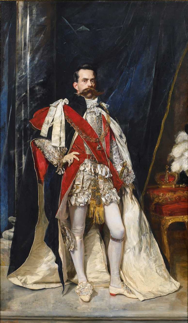 A painting of king Umberto the first of Italy, wearing a white tights, a red sash, a silk tunic and a long flowing black cape. He has a long curling mustache.