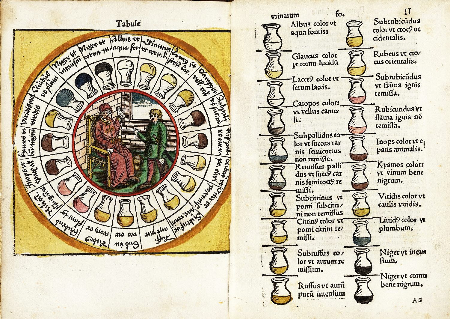 Full-page woodcut of a physician demonstrating uroscopic analysis surrounded by a border of urine flasks with captioned color descriptions. A table on the facing page lists the colors in full.
