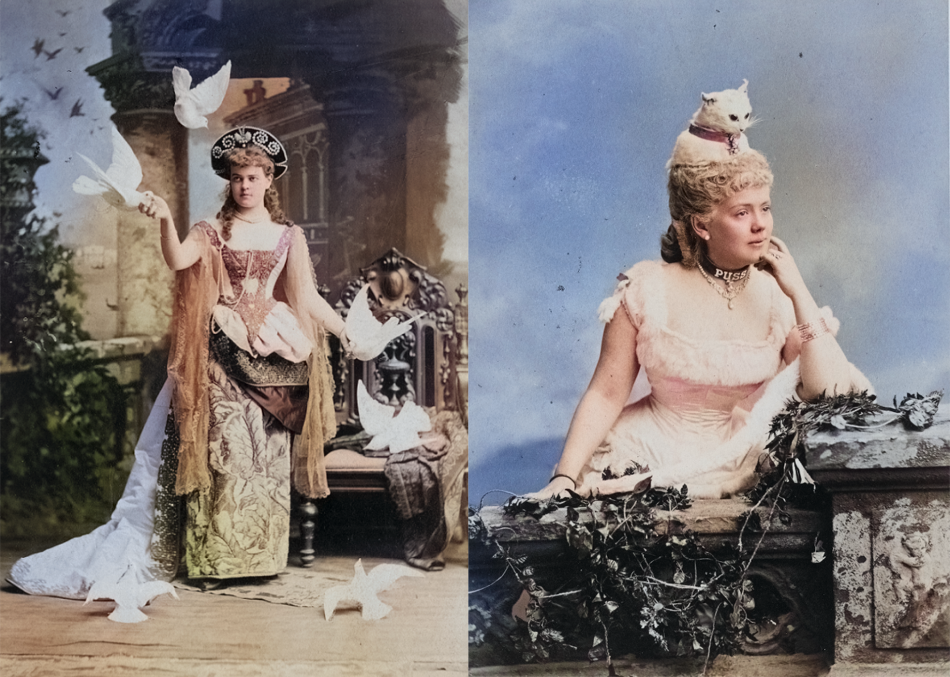 This collage features two images, one of a woman in a fancy dress with doves all around her and the other of a woman with a cat on her head.