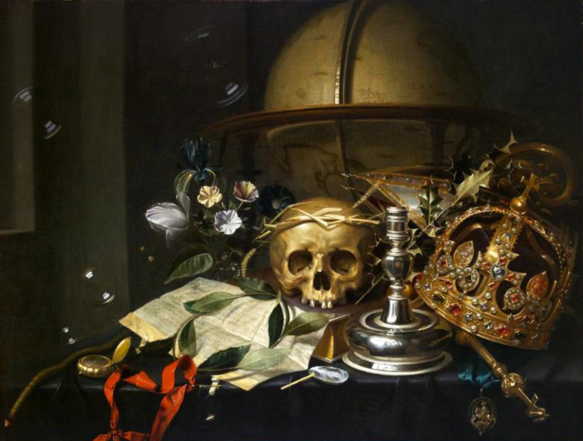 Vanitas painting depicting the transience of life. The still life showcases a skull symbolizing mortality, situated next to opulent objects like a jeweled crown and a silver candlestick, indicating the fleeting nature of wealth and power. Delicate flowers, a globe, scattered bubbles, and papers further illustrate life's brevity. An air of melancholy and contemplation pervades the composition, reminding viewers of the inevitability of death and the impermanence of earthly possessions.