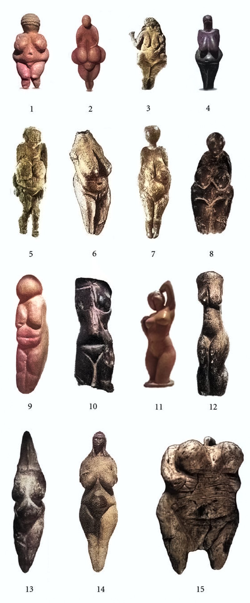 Colorized images of figurines and their geographic origins. Images are shown in the same (random) order and numbered, as they were for the questionnaire study. (1) Willendorf’s Venus (Rhine/Danube), (2) Lespugue Venus (Pyrenees/Aquitaine), (3) Laussel Venus (Pyrenees/Aquitaine), (4) Dolní Věstonice Venus (Rhine/Danube), (5) Gagarino no. 4 Venus (Russia), (6) Moravany Venus (Rhine/Danube), (7) Kostenki 1. Statuette no. 3 (Russia), (8) Grimaldi nVenus (Italy), (9) Chiozza di Scandiano Venus (Italy), (10) Petrkovice Venus (Rhine/Danube), (11) Modern sculpture (N. America), (12) Eleesivitchi Venus (Russia); (13) Savignano Venus (Italy), (14) The so-called “Brassempouy Venus” (Pyrenees/Aquitaine), (15) Hohle Fels Venus (SW Germany)