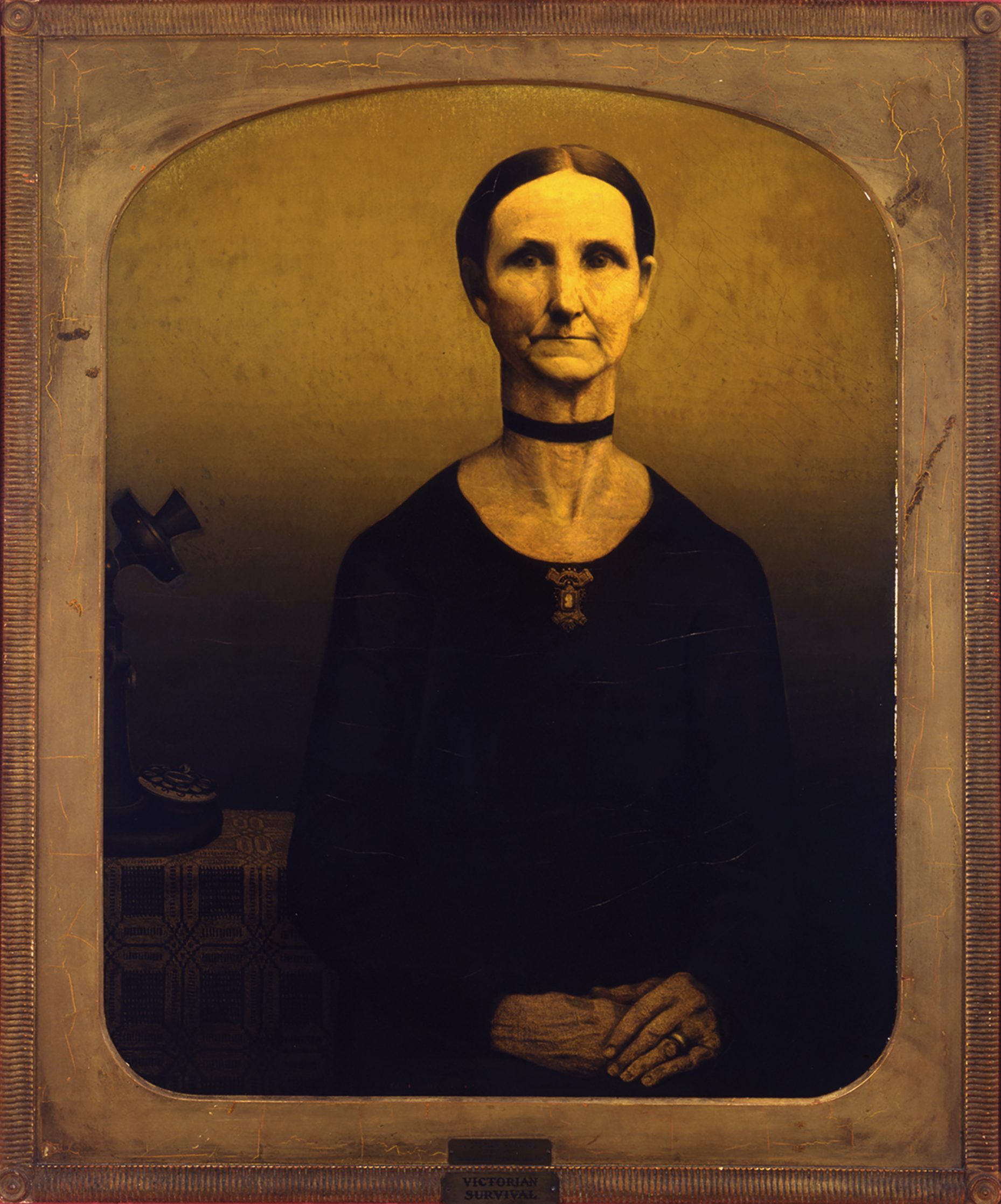 The painting depicts Wood's great aunt, Matilda Peet, as a stern figure in black Victorian attire, adorned with a brooch and a black neck band. The presence of an old-fashioned telephone offsets her slightly from the center of the composition, hinting at the intrusion of modernity into her quiet, traditional world. The impending ring of the phone threatens to disrupt her stoic composure, symbolizing the tension between the familiar past and the uncertain future. The painting encapsulates a narrative of change and adaptation in the face of modernity.