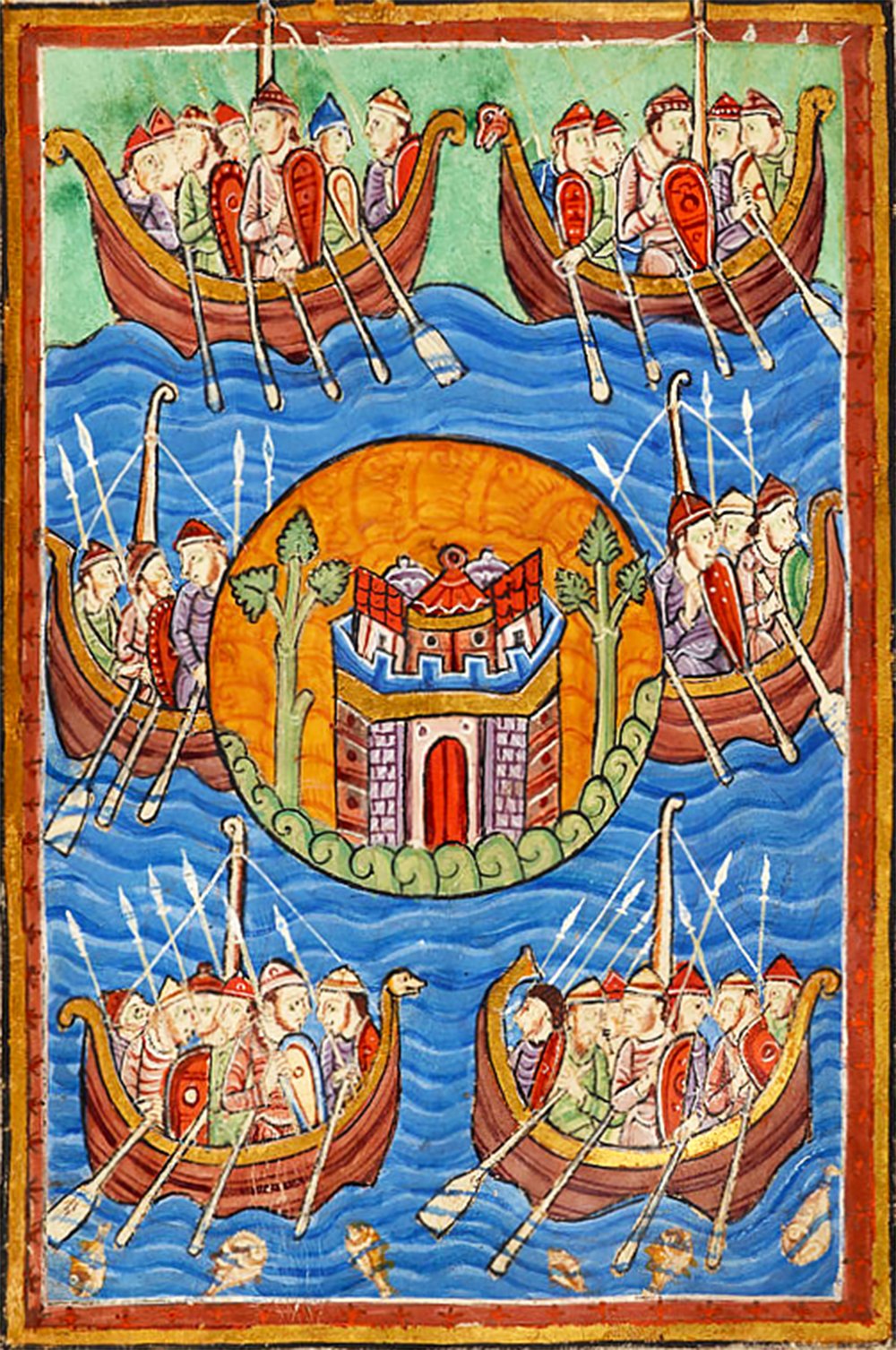Illustration from “Edmund of England”' showing Vikings in helmets and armed with shields and spears, rowing six ships towards a city on a circular island, framed by two trees. Fish are visible in the surrounding waters.
