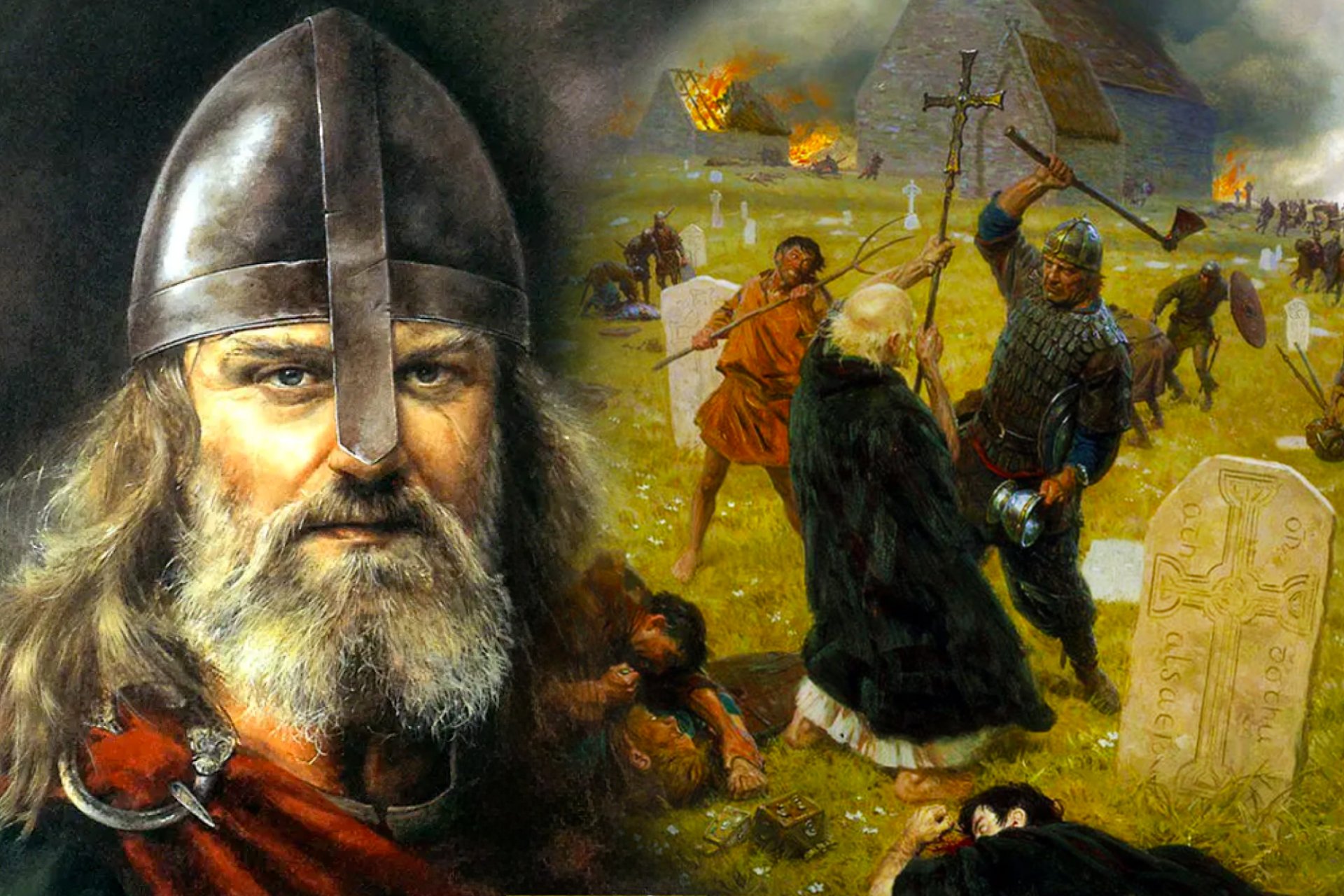 On the left a Viking portrait with long hair and beard, wearing a helmet. On the right, Norse Marauders Wreak Mayhem, depicting a dynamic scene of Viking warriors in action, clad in traditional armor and weapons, causing chaos and disruption in a British village.