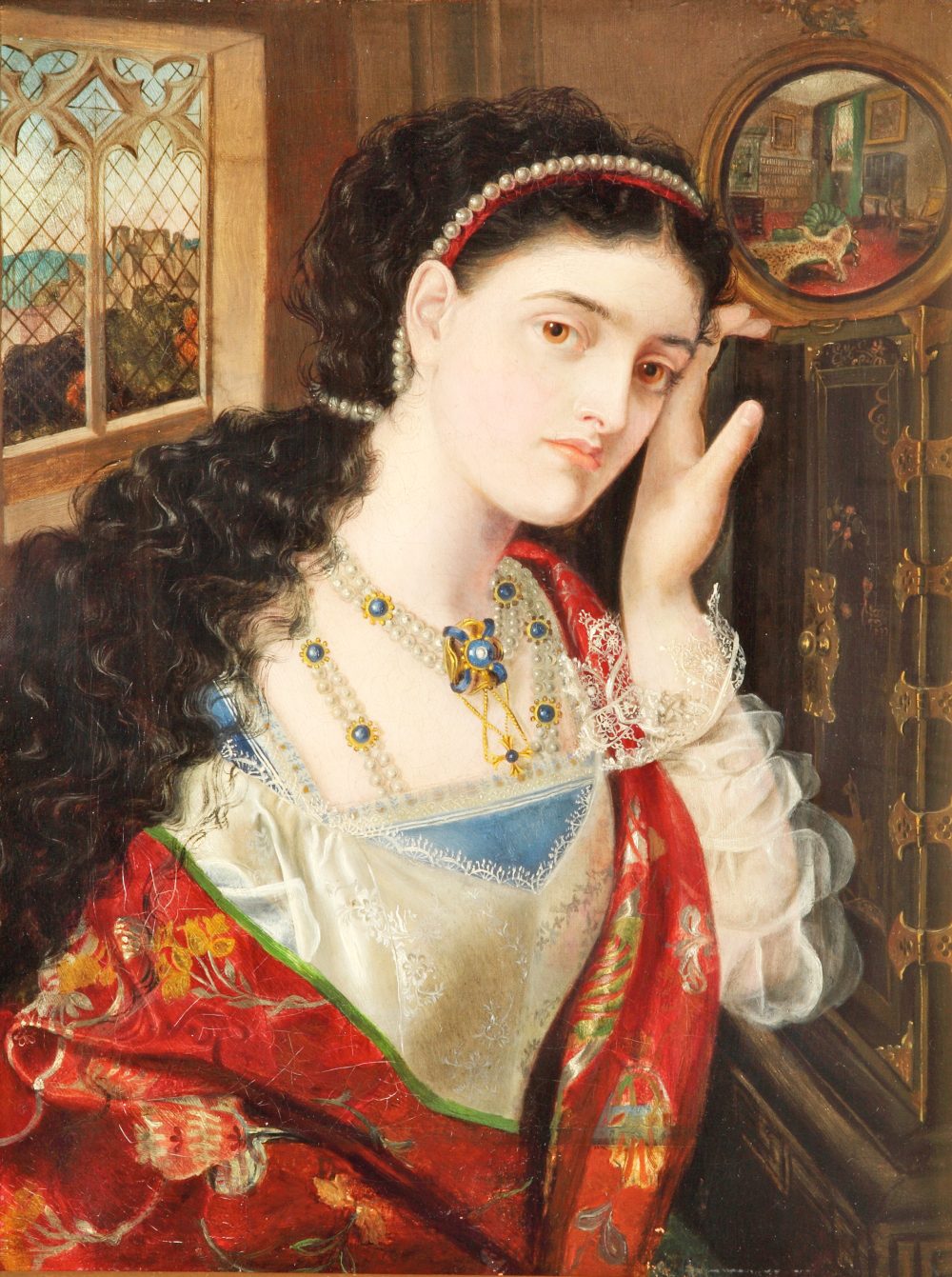 The painting shows a woman in a red dress. She has very fair skin and long, dark hair. She is looking at something in the distance, and her face is sad. The room she is in is elegant.