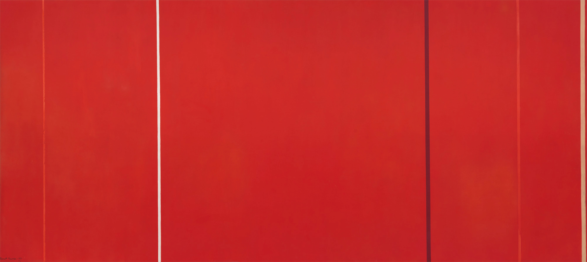 A red monochromatic painting with three vertical sections divided by white and darker red lines.