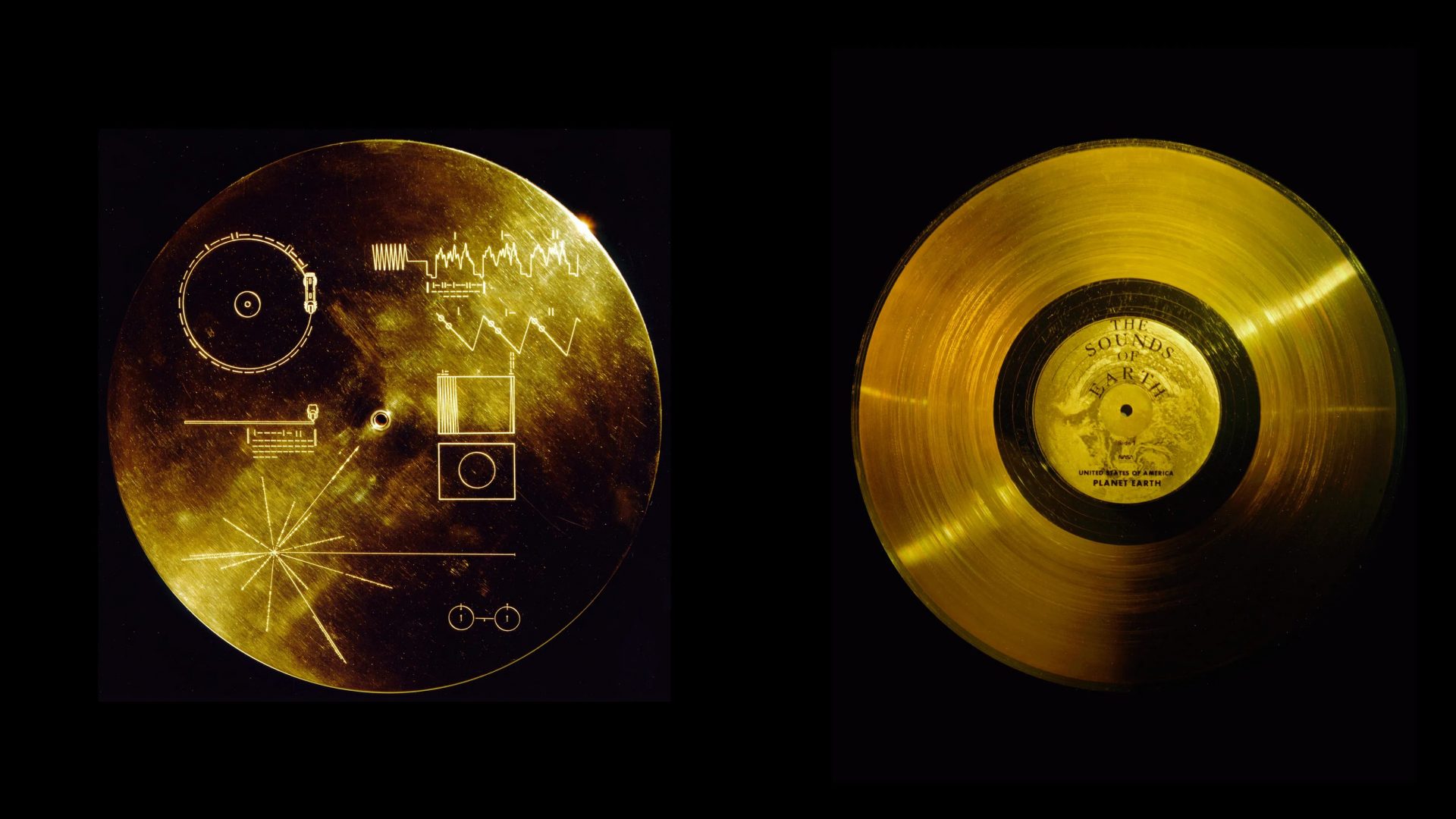 A photograph of both sides of the golden record sent into deep space on board the Voyager probes. One side has grooves with recorded sounds from earth on it. The other side has playback instructions, designed to be understandable by alien civilizations.