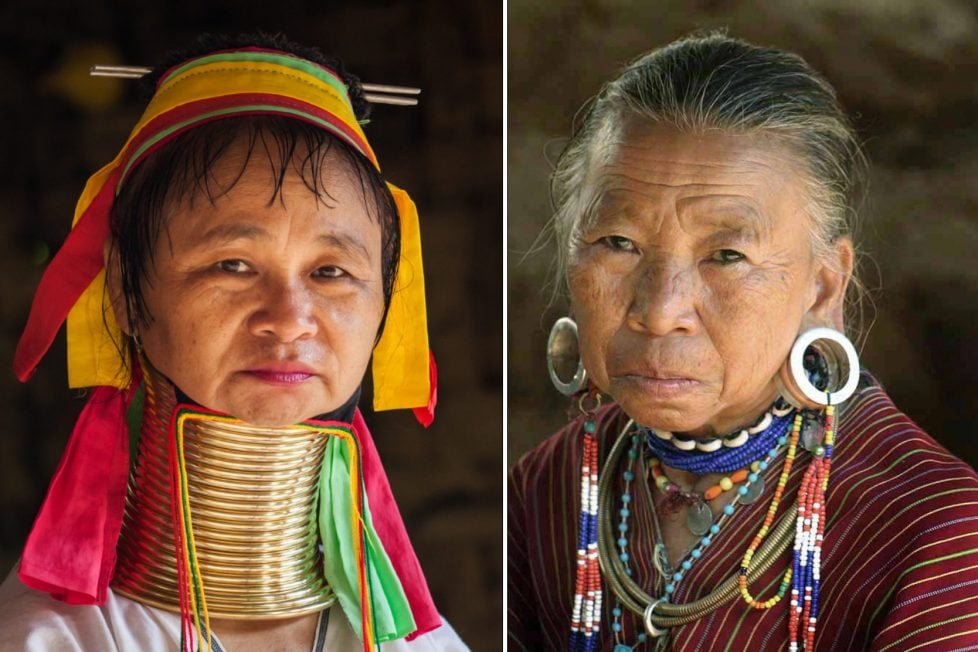 A photo collage of two women, one is an elderly Burmese woman wearing traditional jewelry, the other is a Thai woman wearing neck extending rings.