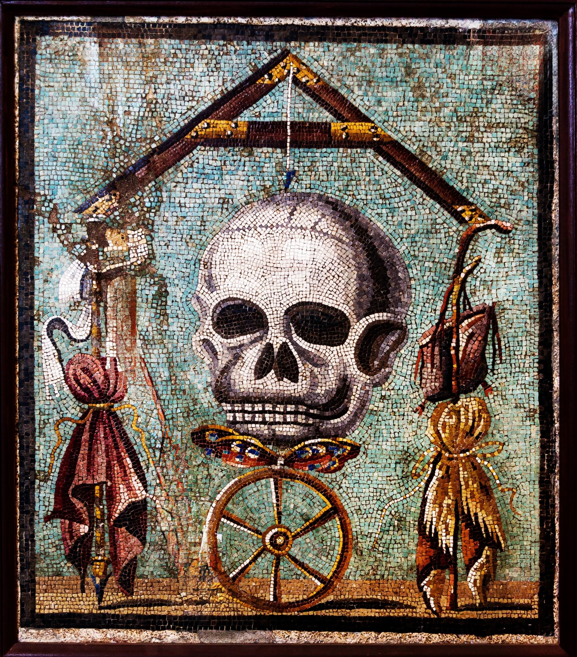 Roman mosaic from the National Archaeological Museum, Naples, illustrating the Rota Fortunae (Wheel of Fortune) symbolizing life's transient nature (Memento Mori), the unpredictable shifts of fortune, and the inevitable approach of death, emphasizing the ultimate equality of all souls upon departure.